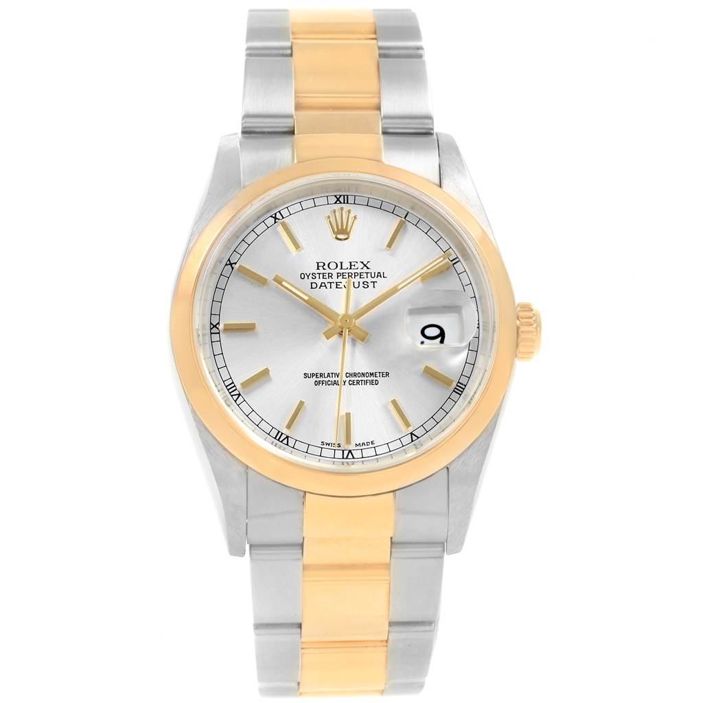 The Rolex Datejust 16203 Men's Steel and Gold (two tone) Silver Dial 16203 Men's Steel and Gold (two tone) Silver Dial watch is shown from the front, displaying the face, bracelet, bezel, and crown.