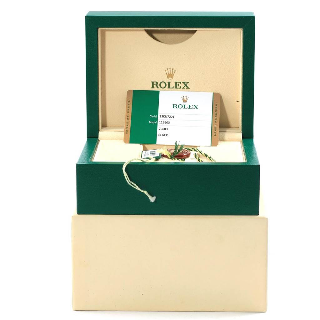 The image shows an open Rolex Datejust 116203 Men's Stainless Steel Black Dial 116203 Men's Stainless Steel Black Dial box with a model card, tags, and packaging accessories from a front angle.