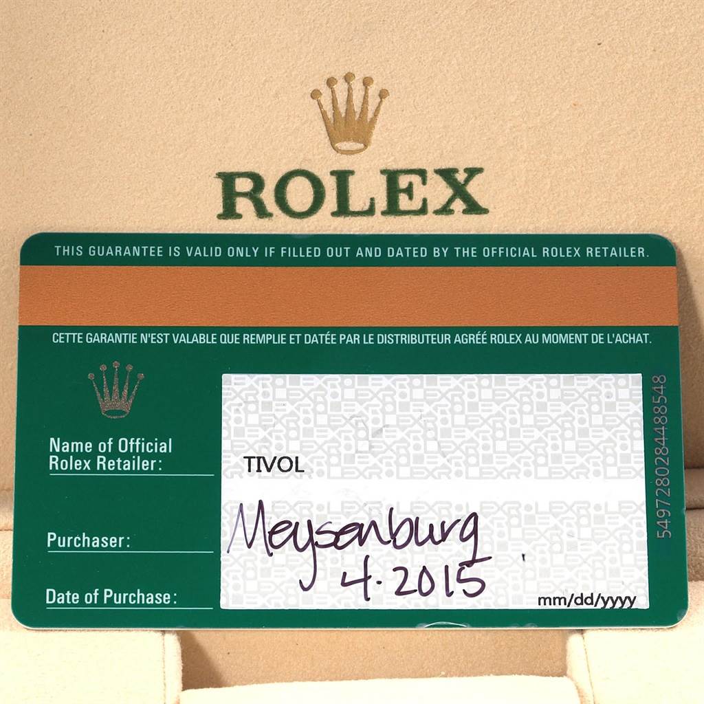 The image shows a guarantee card for a Rolex Datejust 116203 Men's Stainless Steel Black Dial 116203 Men's Stainless Steel Black Dial watch, indicating the retailer and purchase date.
