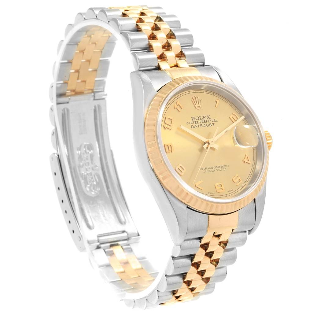This image shows a Rolex Datejust 16233 Men's Steel and Gold (two tone) Champagne Dial 16233 Men's Steel and Gold (two tone) Champagne Dial watch at a three-quarter angle, displaying its gold and silver jubilee bracelet and champagne dial.