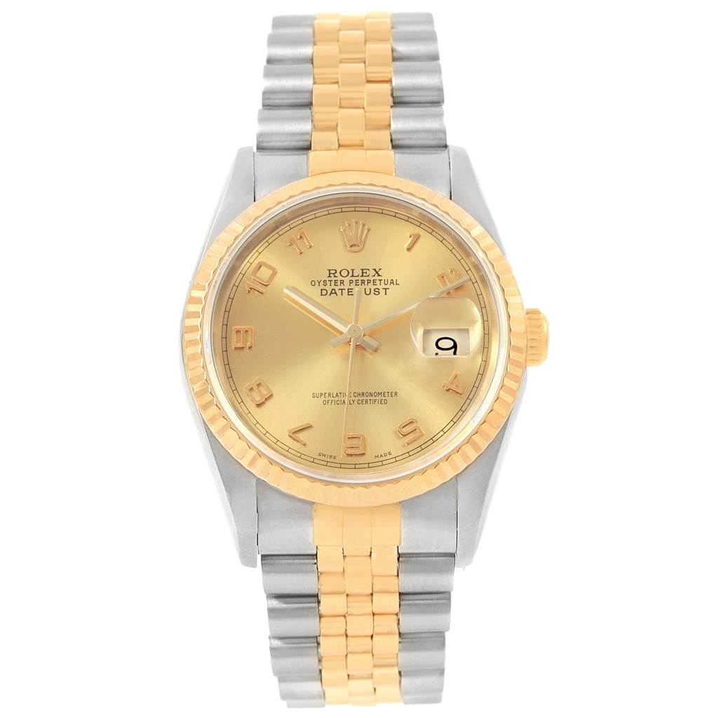 The image shows a front view of a Rolex Datejust 16233 Men's Steel and Gold (two tone) Champagne Dial 16233 Men's Steel and Gold (two tone) Champagne Dial watch, displaying its face, fluted bezel, and Jubilee bracelet.