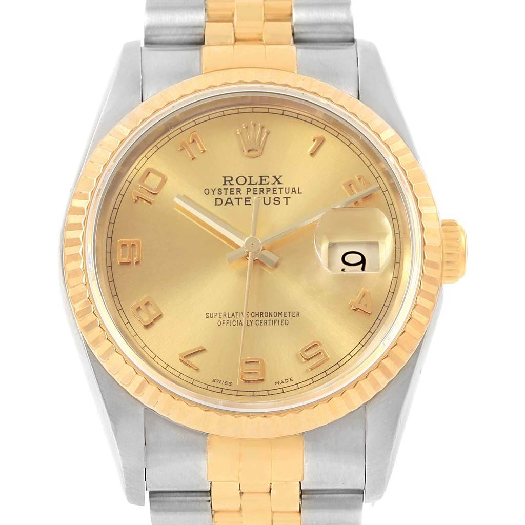 The image features a frontal view of a Rolex Datejust 16233 Men's Steel and Gold (two tone) Champagne Dial 16233 Men's Steel and Gold (two tone) Champagne Dial watch, highlighting its gold dial, fluted bezel, and two-tone bracelet.