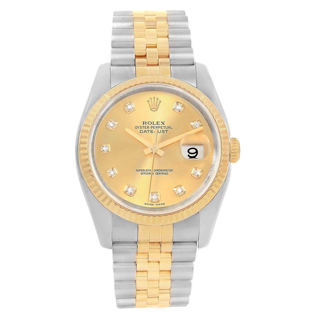 The image shows a Rolex Datejust 116233 Men's Stainless Steel Champagne Dial 116233 Men's Stainless Steel Champagne Dial watch from a front angle, highlighting its gold dial, two-tone bracelet, and fluted bezel.