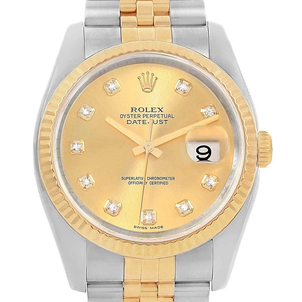 This image shows a front view of a Rolex Datejust 116233 Men's Stainless Steel Champagne Dial 116233 Men's Stainless Steel Champagne Dial watch, featuring its dial, hands, date display, and part of its bracelet.