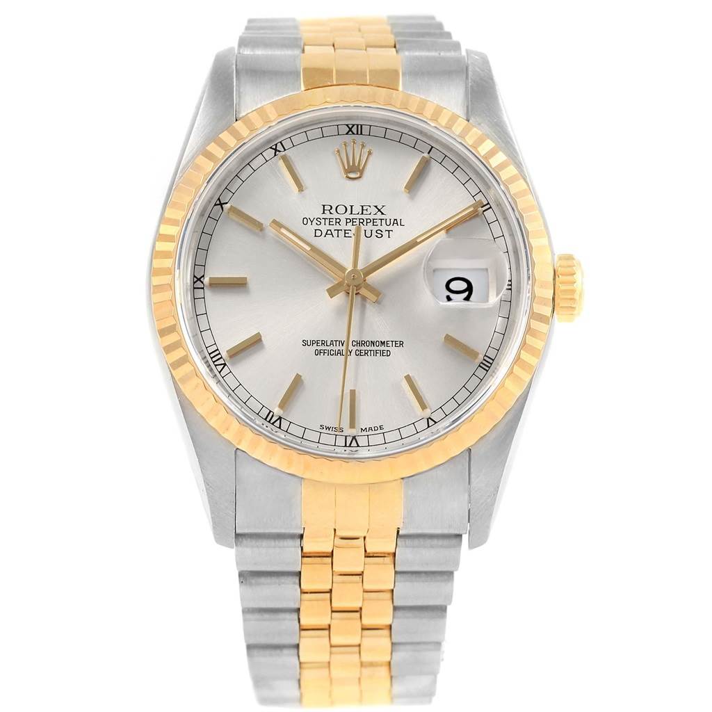 The image shows a front view of a Rolex Datejust 16233 Men's Steel and Gold (two tone) Silver Dial 16233 Men's Steel and Gold (two tone) Silver Dial watch, highlighting the face, bezel, hands, and part of the bracelet.
