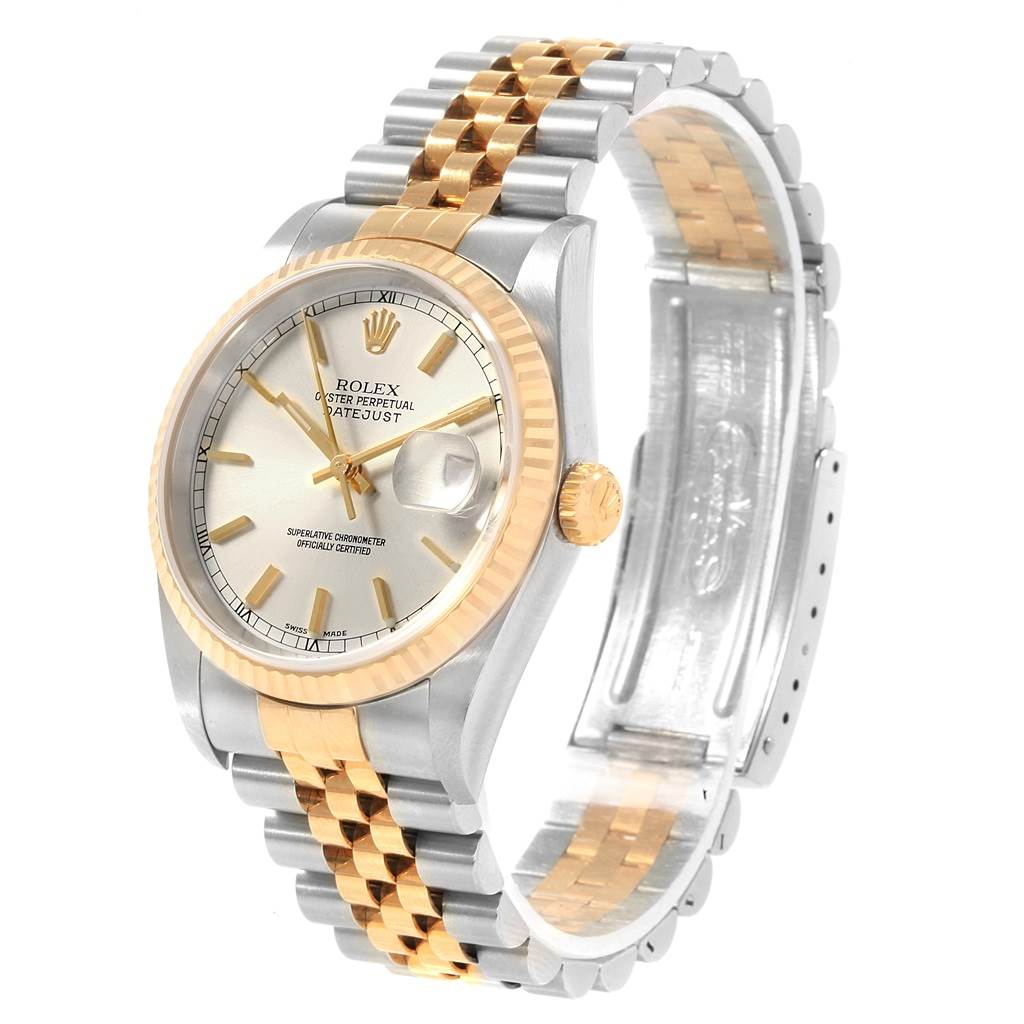 This image shows a Rolex Datejust 16233 Men's Steel and Gold (two tone) Silver Dial 16233 Men's Steel and Gold (two tone) Silver Dial watch, angled to display the dial, bezel, crown, and two-tone bracelet.