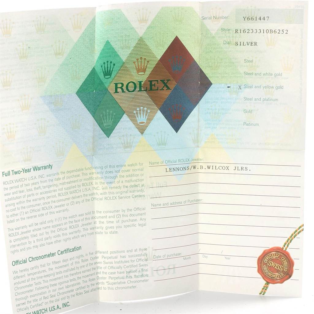 The image shows the warranty and certification papers for a Rolex Datejust 16233 Men's Steel and Gold (two tone) Silver Dial 16233 Men's Steel and Gold (two tone) Silver Dial watch.