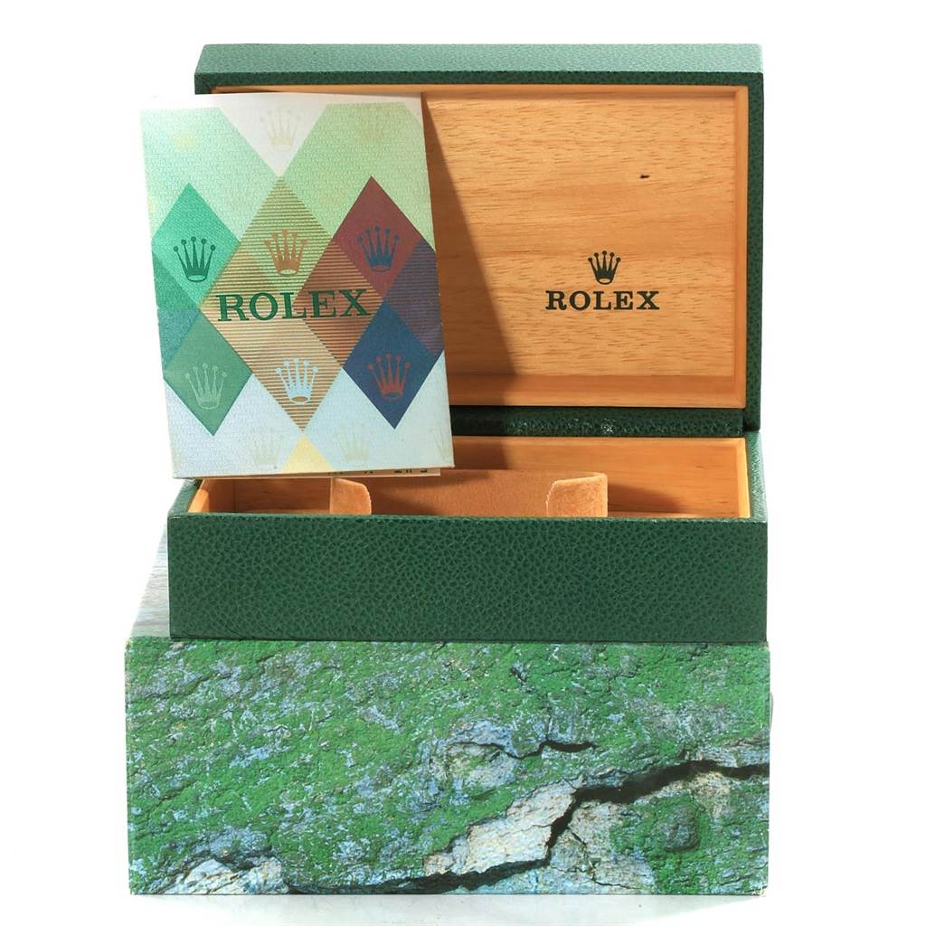 The image shows an open green Rolex Datejust 16233 Men's Steel and Gold (two tone) Silver Dial 16233 Men's Steel and Gold (two tone) Silver Dial watch box with a decorative booklet leaning against the inside lid.