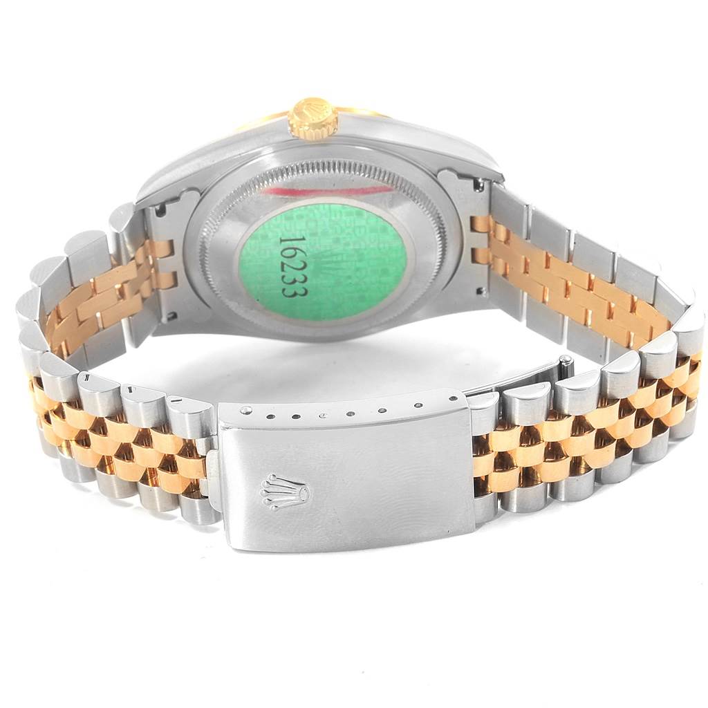 The image shows the back and bracelet of a Rolex Datejust 16233 Men's Steel and Gold (two tone) Silver Dial 16233 Men's Steel and Gold (two tone) Silver Dial watch, highlighting the two-tone metal and clasp.