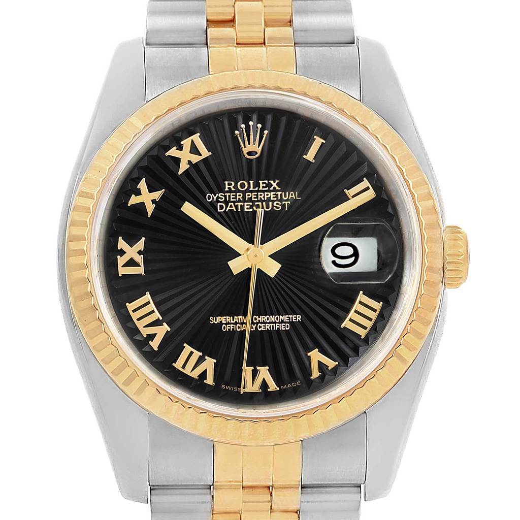 The image shows a Rolex Datejust 116233 Men's Stainless Steel Black Dial 116233 Men's Stainless Steel Black Dial watch from the front, highlighting the black dial, gold Roman numerals, date window, and two-tone metal band.