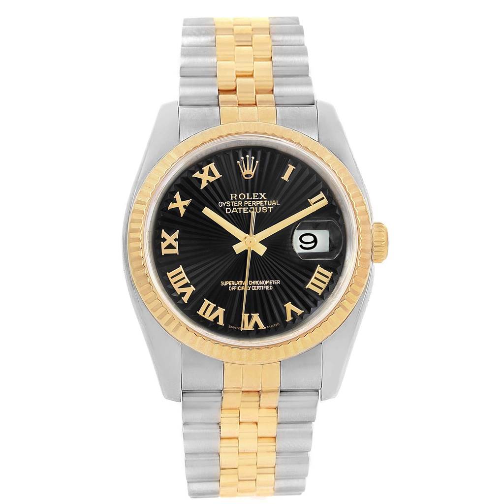 This image shows a Rolex Datejust 116233 Men's Stainless Steel Black Dial 116233 Men's Stainless Steel Black Dial watch from a front view, highlighting its black dial, gold bezel, and two-tone bracelet.