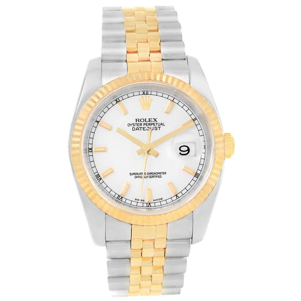 The Rolex Datejust 116233 Men's Stainless Steel White Dial 116233 Men's Stainless Steel White Dial watch is shown from a front angle displaying its dial, bezel, and bracelet.
