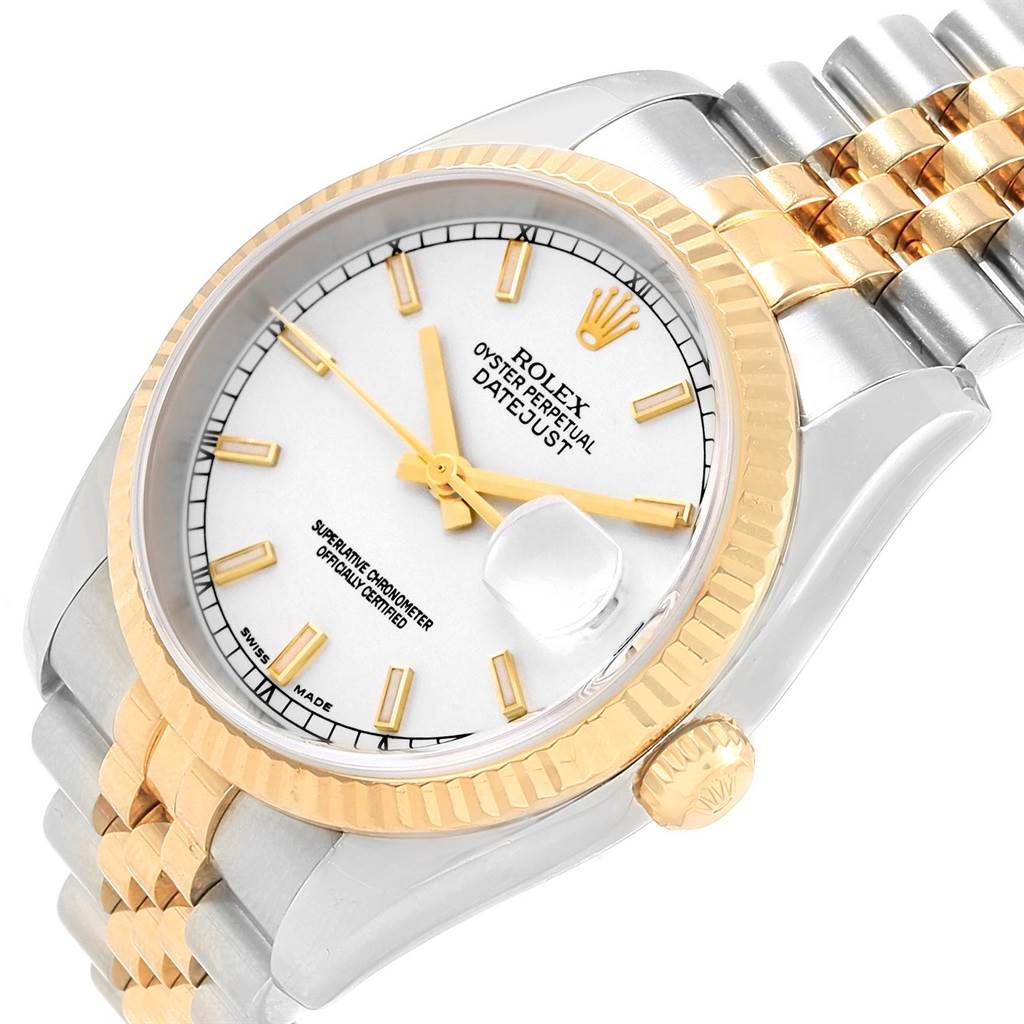 This is a close-up angled view of a Rolex Datejust 116233 Men's Stainless Steel White Dial 116233 Men's Stainless Steel White Dial watch showcasing its dial, bezel, crown, and bracelet.