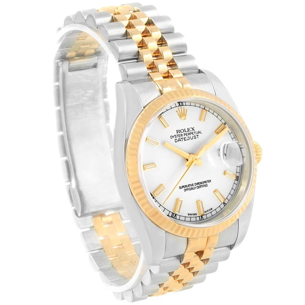 The Rolex Datejust 116233 Men's Stainless Steel White Dial 116233 Men's Stainless Steel White Dial watch is shown at a slight angle, highlighting its two-tone bracelet, gold fluted bezel, and white dial with a date window.