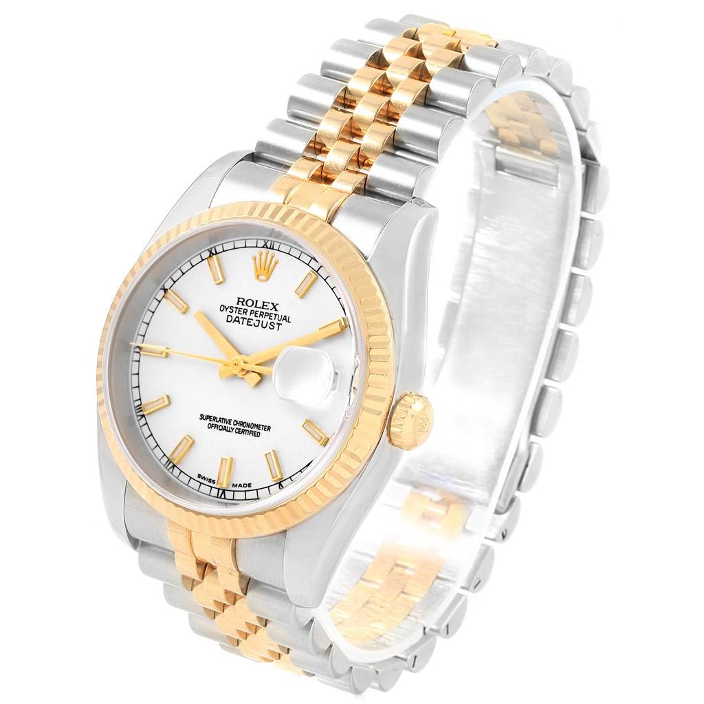The image shows a Rolex Datejust 116233 Men's Stainless Steel White Dial 116233 Men's Stainless Steel White Dial watch from an angled side view, highlighting its two-tone bracelet, fluted bezel, and white dial.