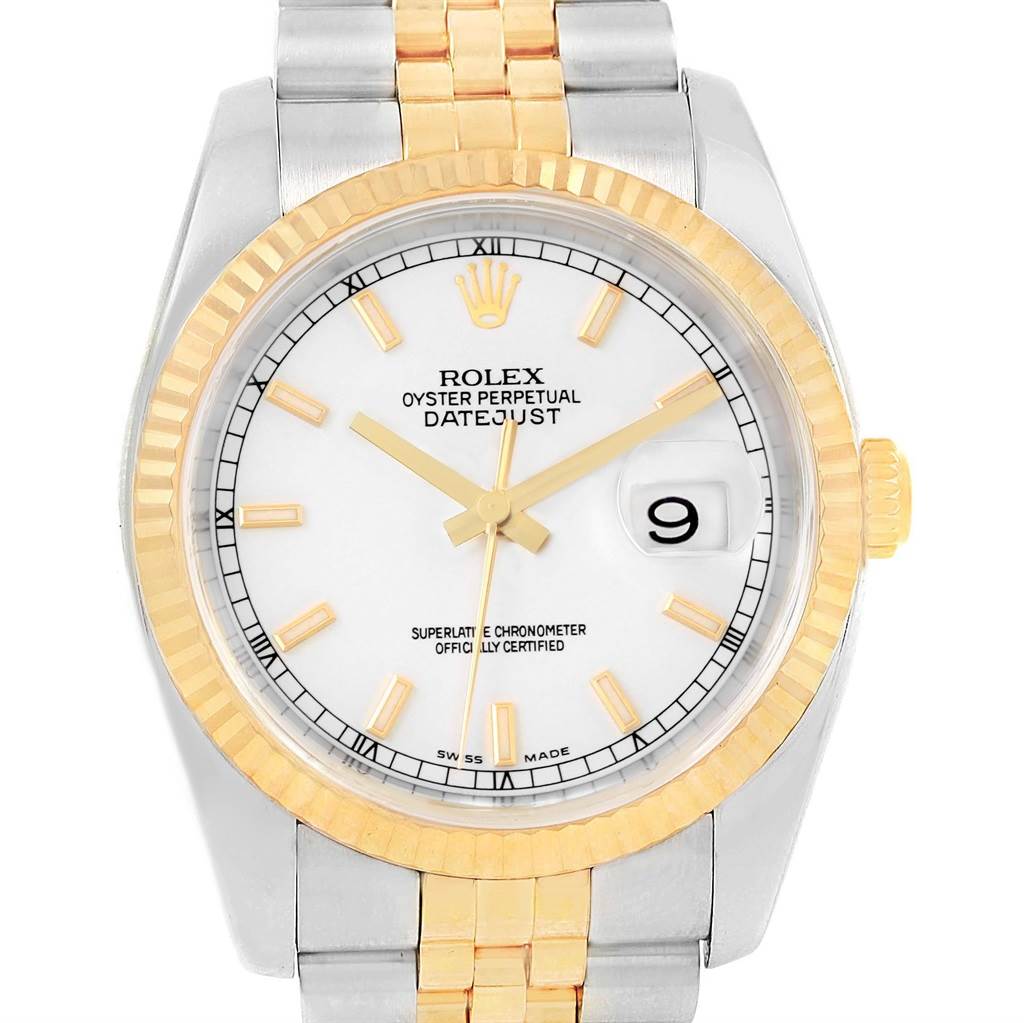 The image shows a front view of the Rolex Datejust 116233 Men's Stainless Steel White Dial 116233 Men's Stainless Steel White Dial watch featuring its dial, bezel, crown, and part of the bracelet.