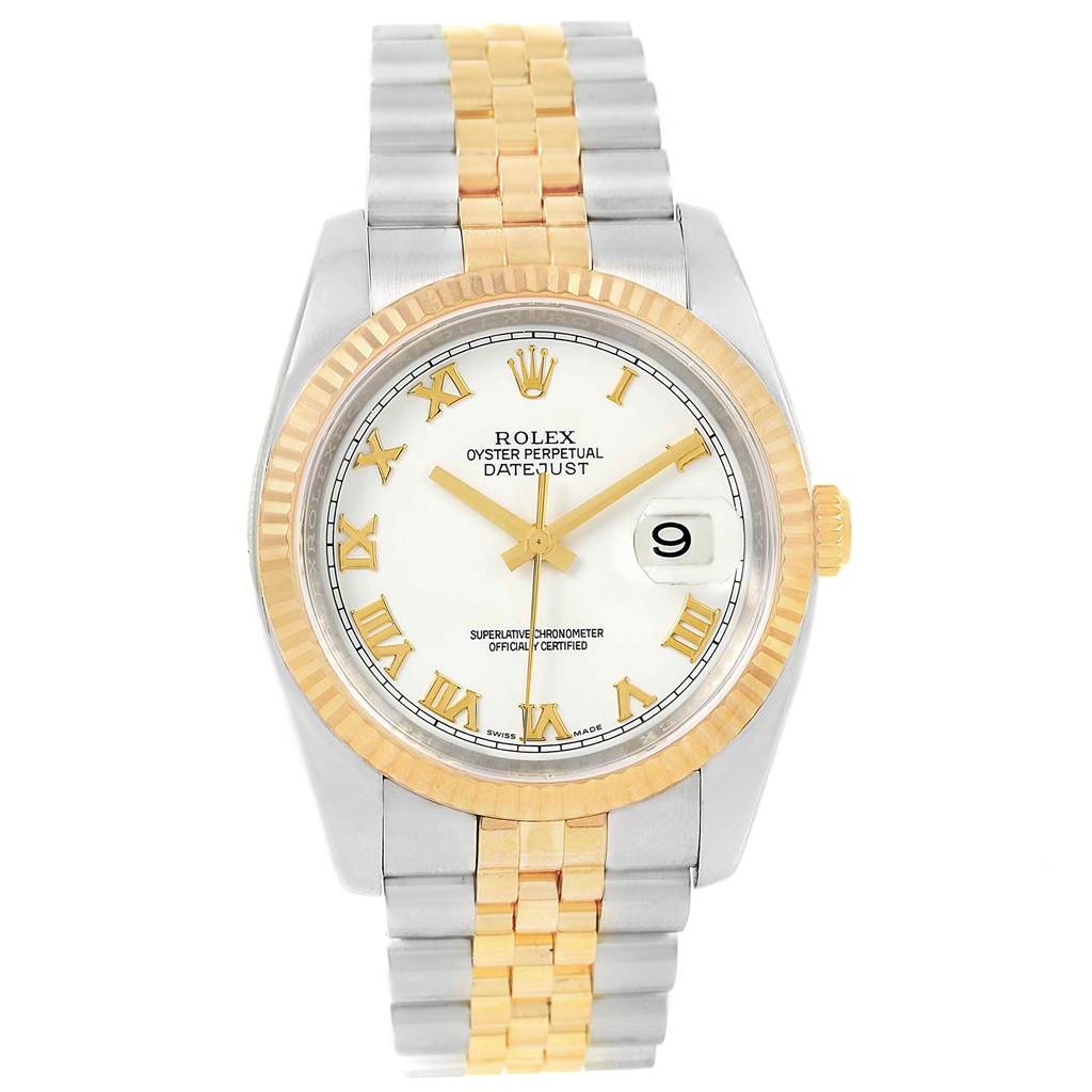 The image shows a front view of a Rolex Datejust 116233 Men's Stainless Steel White Dial 116233 Men's Stainless Steel White Dial watch, displaying the dial, bezel, crown, and bracelet.