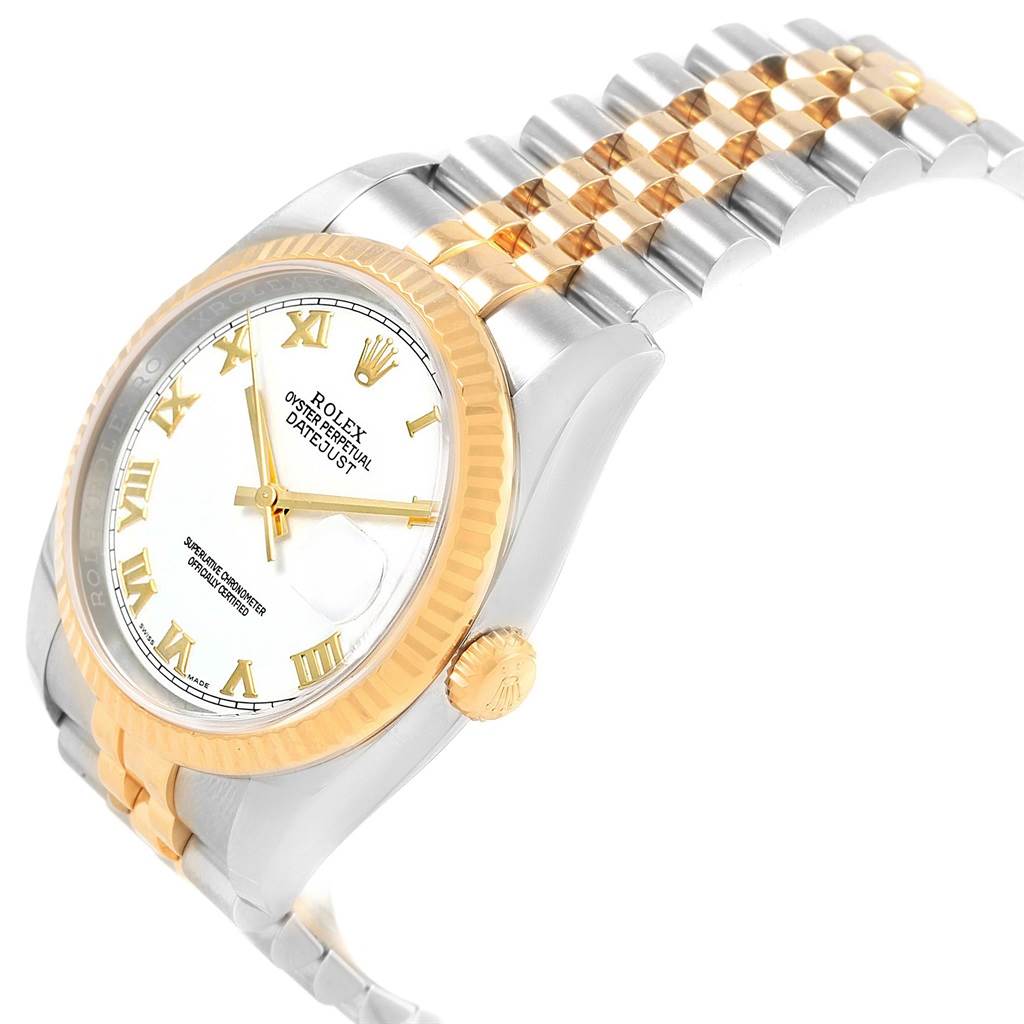 The Rolex Datejust 116233 Men's Stainless Steel White Dial 116233 Men's Stainless Steel White Dial watch is shown at an angle, highlighting its gold bezel, crown, bi-metal bracelet, and white dial with Roman numerals.