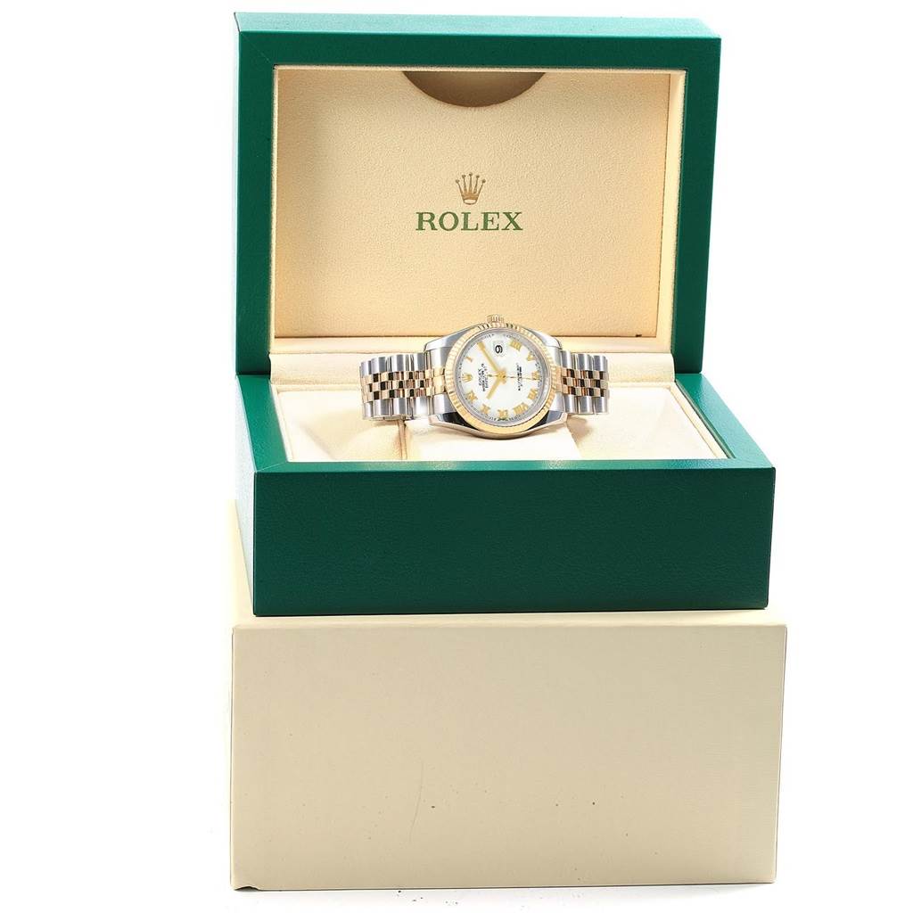 The Rolex Datejust 116233 Men's Stainless Steel White Dial 116233 Men's Stainless Steel White Dial watch is shown in its open box, displaying the face and bracelet.