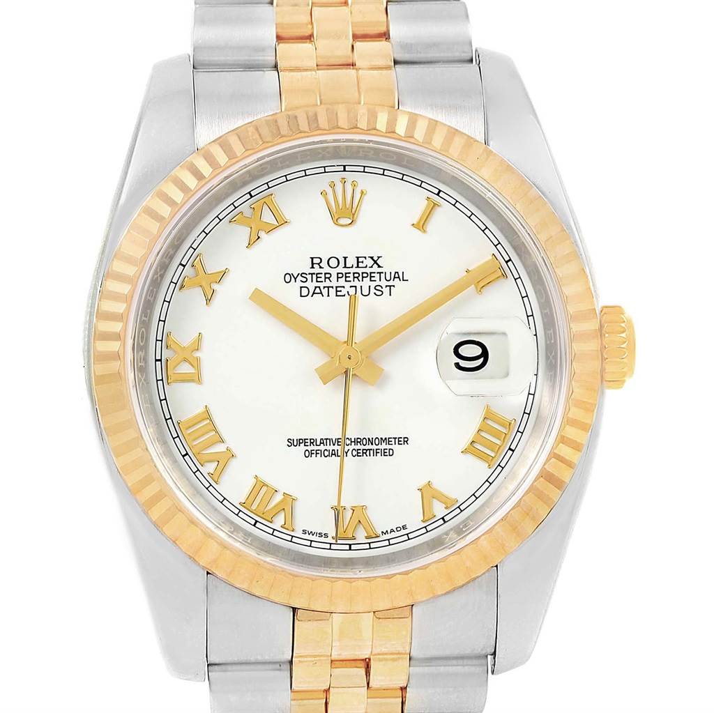 The image shows a front view of the Rolex Datejust 116233 Men's Stainless Steel White Dial 116233 Men's Stainless Steel White Dial watch, highlighting its white dial, gold Roman numerals, and date window.