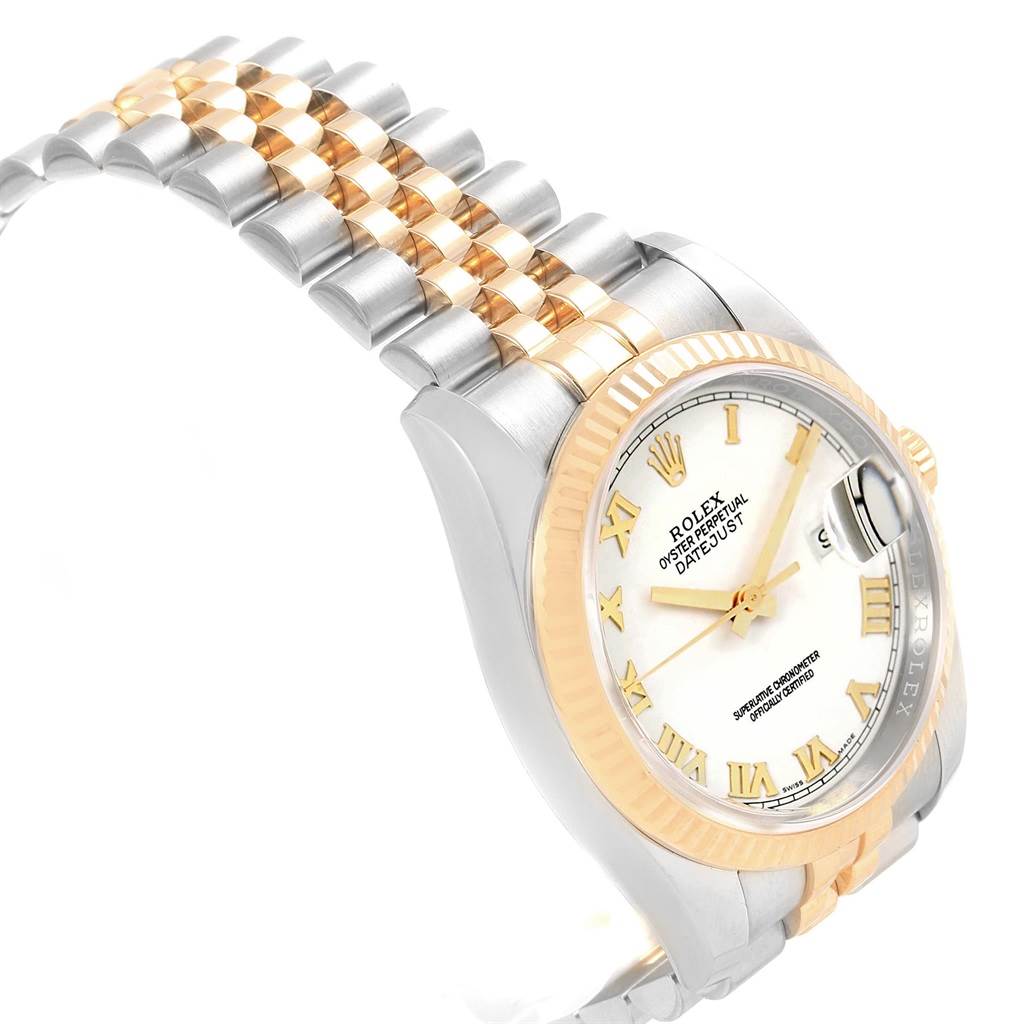 This image shows a Rolex Datejust 116233 Men's Stainless Steel White Dial 116233 Men's Stainless Steel White Dial watch from an oblique angle, highlighting the dial, bezel, and two-tone bracelet.