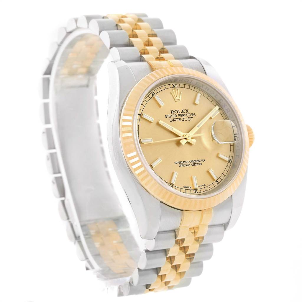 This Rolex Datejust 116233 Men's Stainless Steel Champagne Dial 116233 Men's Stainless Steel Champagne Dial watch is shown at an angled front view, highlighting the dial, bezel, and two-tone bracelet.
