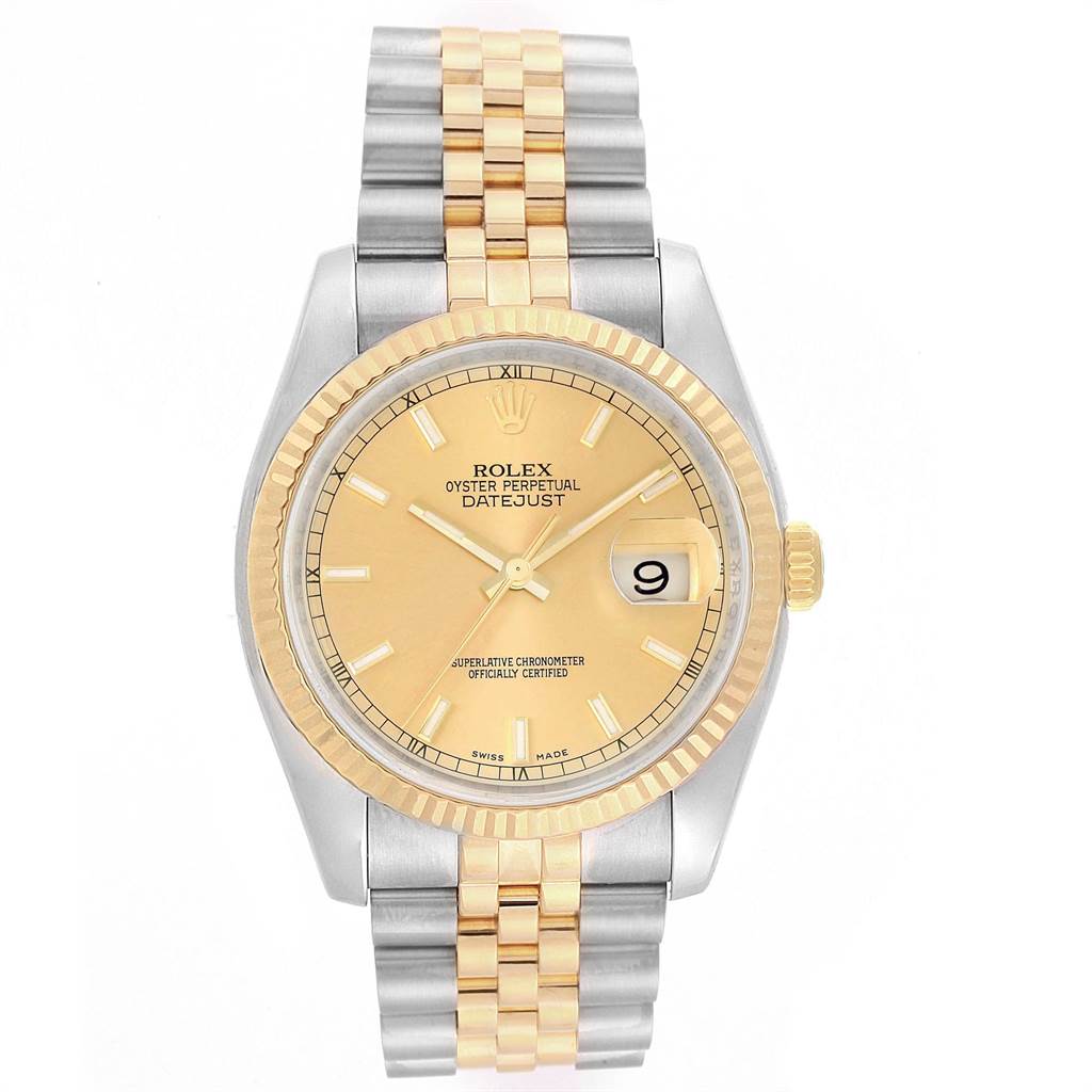 This image shows a front view of a Rolex Datejust 116233 Men's Stainless Steel Champagne Dial 116233 Men's Stainless Steel Champagne Dial watch, featuring its dial, bezel, case, and Jubilee bracelet.