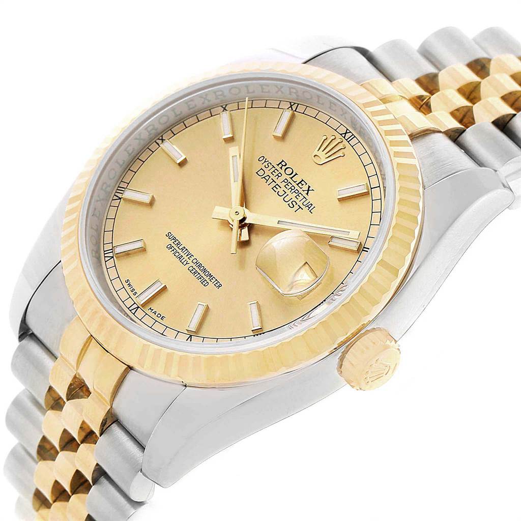 The image shows the Rolex Datejust 116233 Men's Stainless Steel Champagne Dial 116233 Men's Stainless Steel Champagne Dial watch from a diagonal upper angle, highlighting its gold dial, fluted bezel, and two-tone bracelet.
