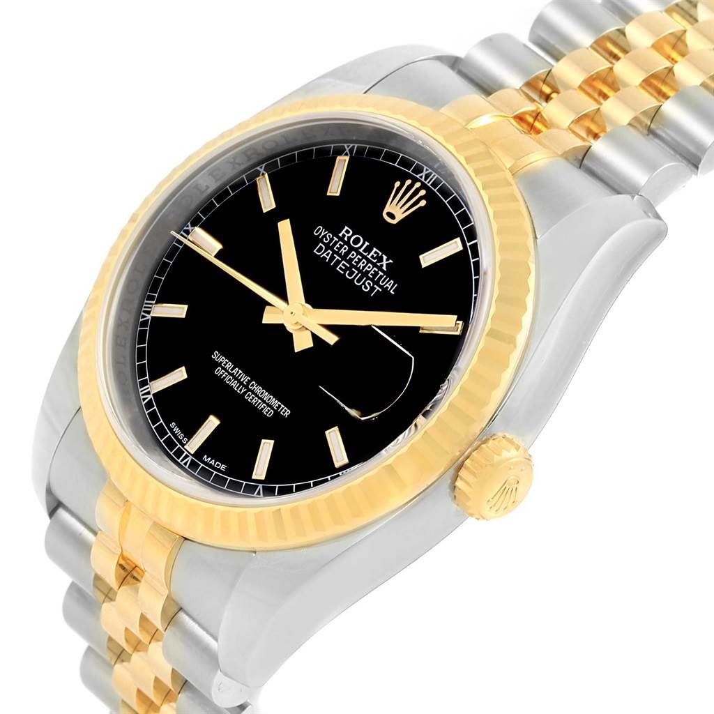 The Rolex Datejust 116233 Men's Stainless Steel Black Dial 116233 Men's Stainless Steel Black Dial watch is shown at an angled view highlighting its gold bezel, black dial, crown, and two-tone bracelet.