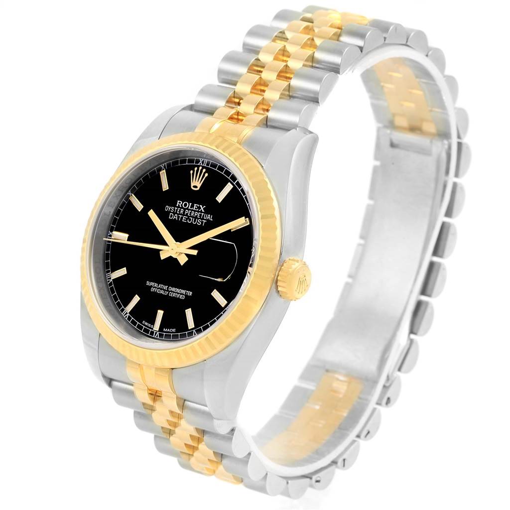 The Rolex Datejust 116233 Men's Stainless Steel Black Dial 116233 Men's Stainless Steel Black Dial watch is shown from a front-side angle, highlighting the face, bezel, crown, and jubilee bracelet.