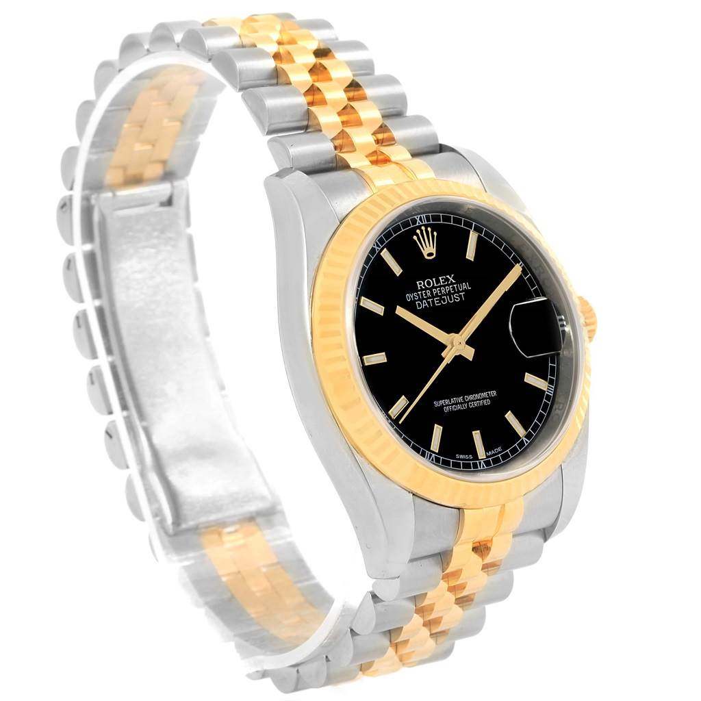 The image shows a Rolex Datejust 116233 Men's Stainless Steel Black Dial 116233 Men's Stainless Steel Black Dial model watch at an angled side view, displaying its face, bezel, and two-tone bracelet.