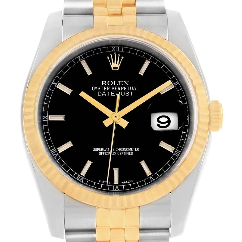 This image shows a front view of a Rolex Datejust 116233 Men's Stainless Steel Black Dial 116233 Men's Stainless Steel Black Dial watch, highlighting its black dial, gold bezel, and two-tone bracelet.