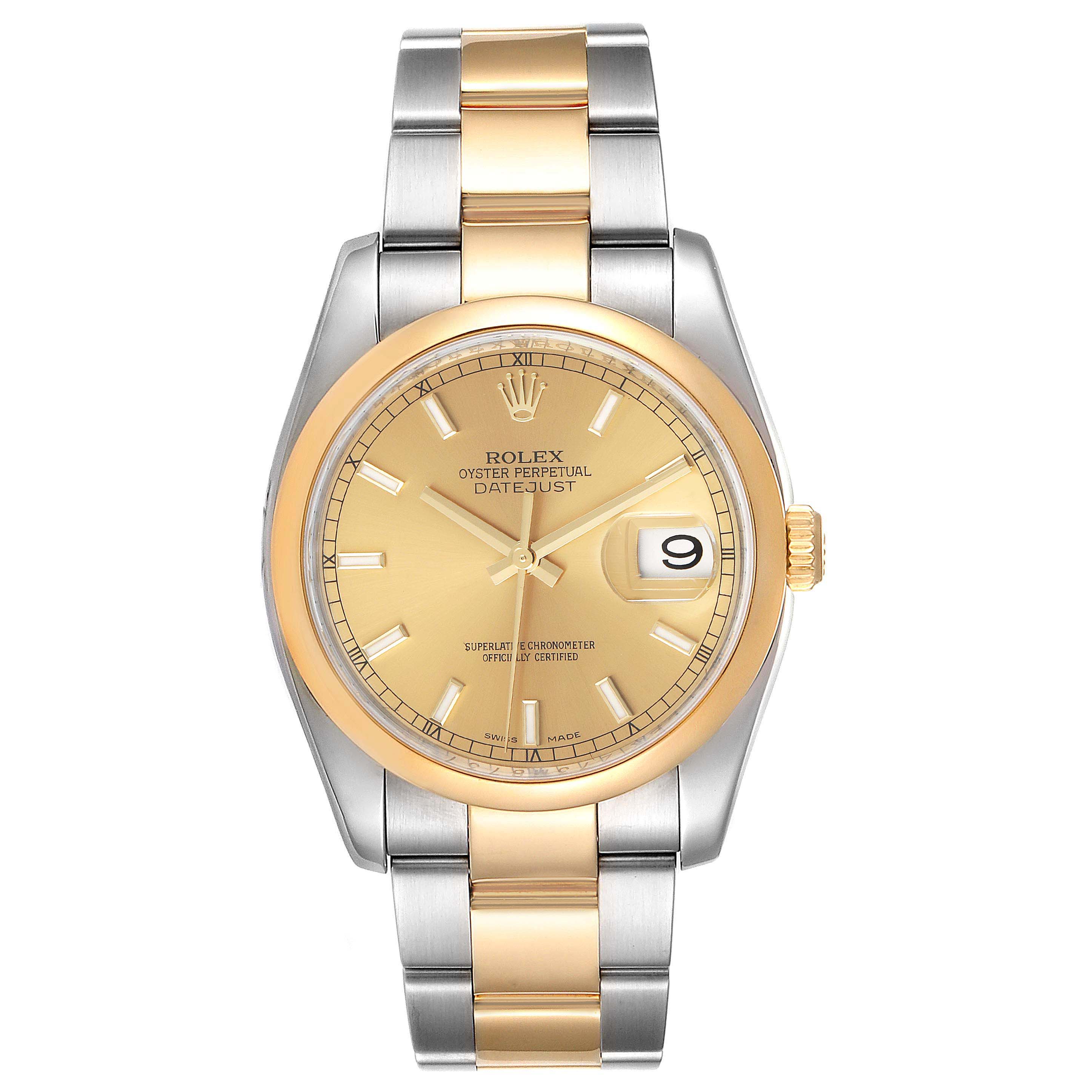 This image shows a front view of a Rolex Datejust 116203 Men's Stainless Steel Champagne Dial 116203 Men's Stainless Steel Champagne Dial watch, highlighting its gold dial, date window, and two-tone bracelet.