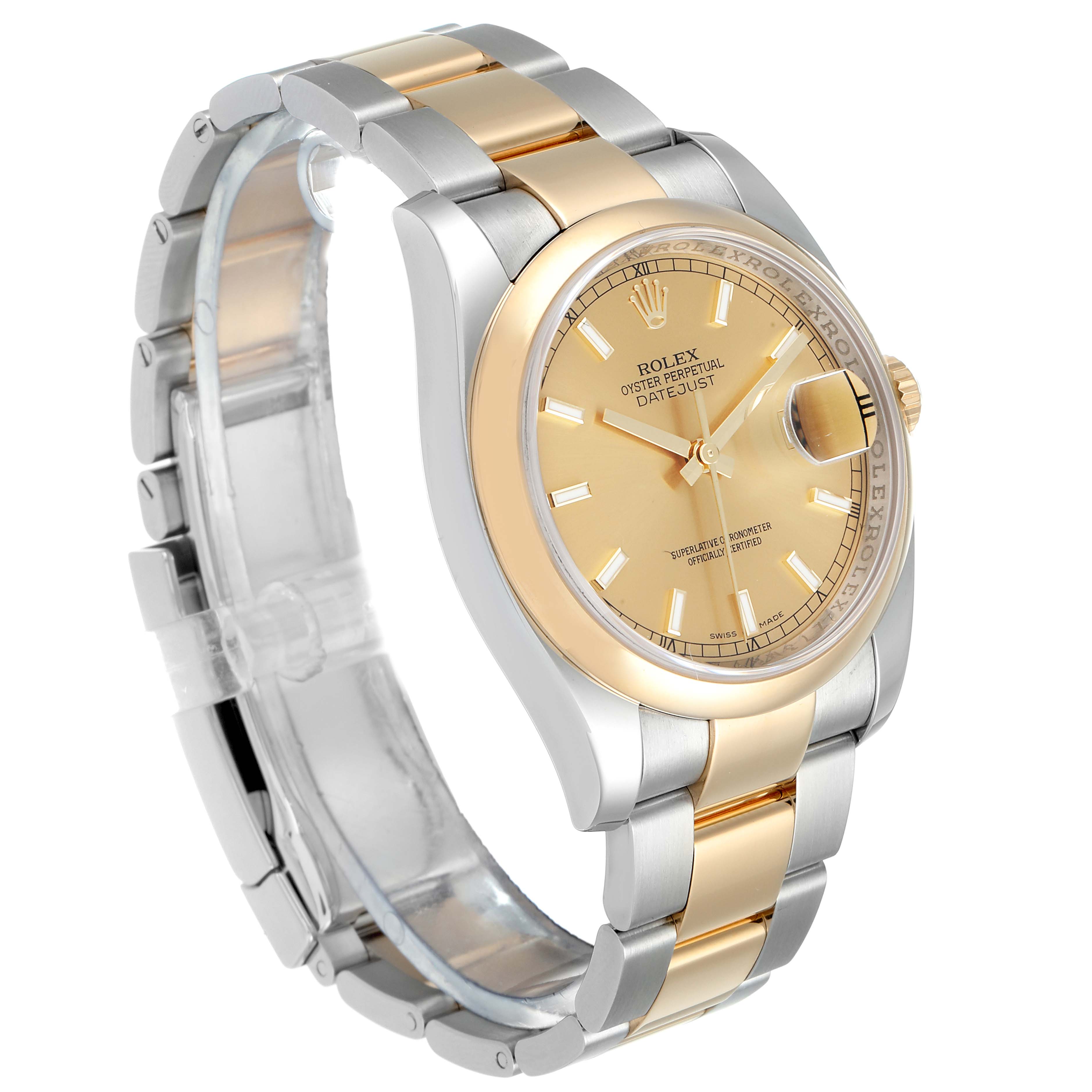 This image shows a side angle view of a Rolex Datejust 116203 Men's Stainless Steel Champagne Dial 116203 Men's Stainless Steel Champagne Dial watch, highlighting the bracelet, dial, and bezel.