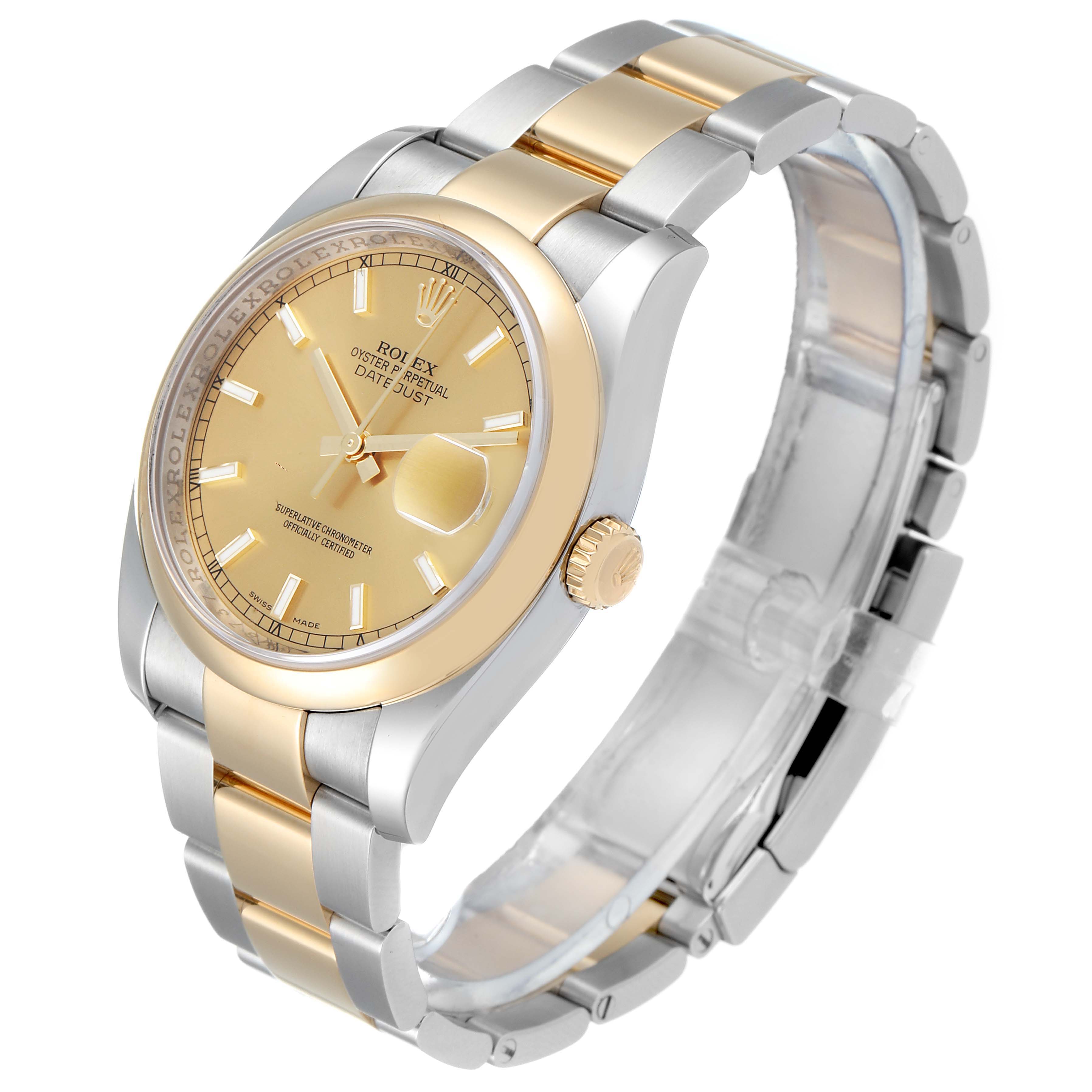 The Rolex Datejust 116203 Men's Stainless Steel Champagne Dial 116203 Men's Stainless Steel Champagne Dial watch is shown from a side angle displaying the face, bezel, crown, and bracelet.