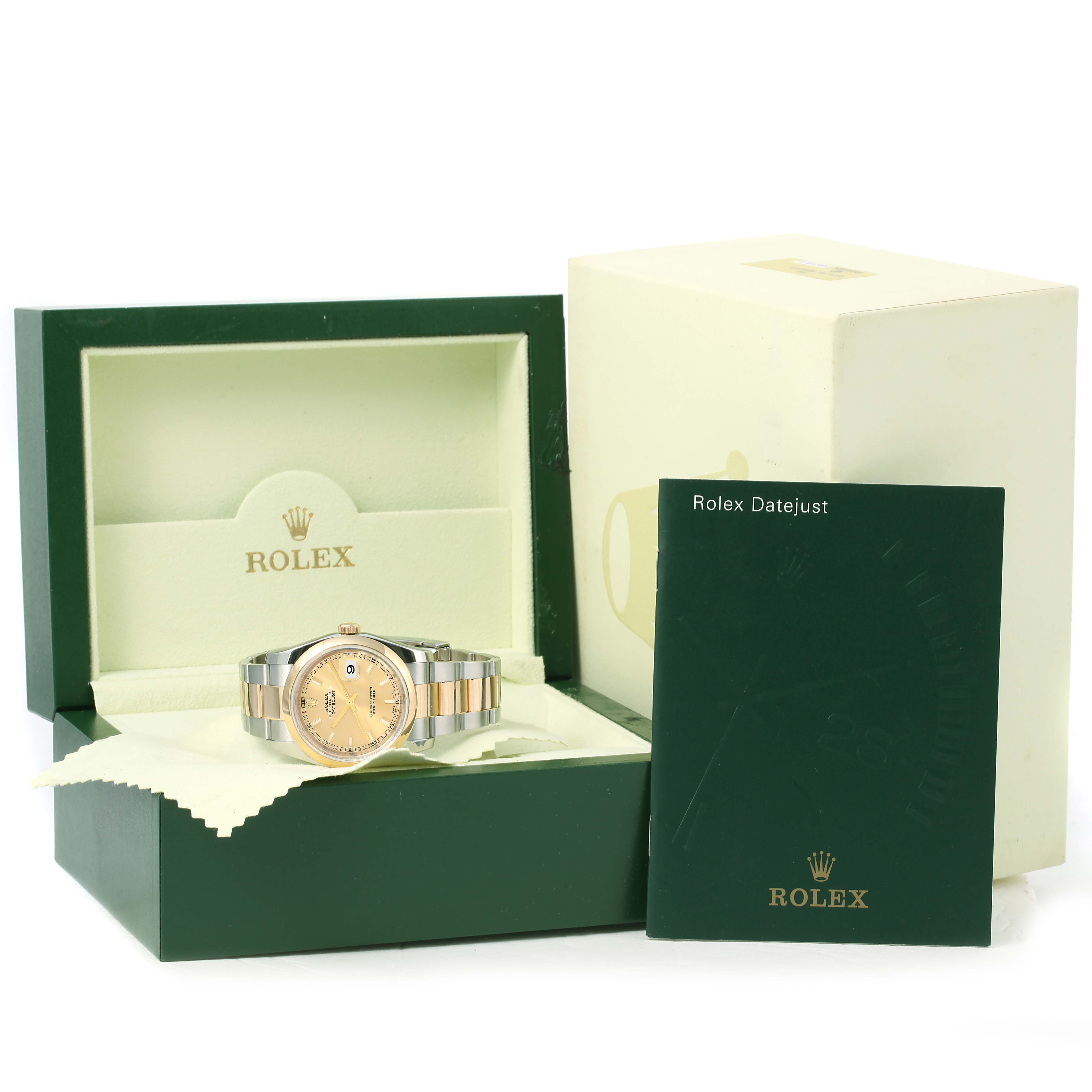 The image shows a Rolex Datejust 116203 Men's Stainless Steel Champagne Dial 116203 Men's Stainless Steel Champagne Dial watch in its open box with the manual and outer box beside it.