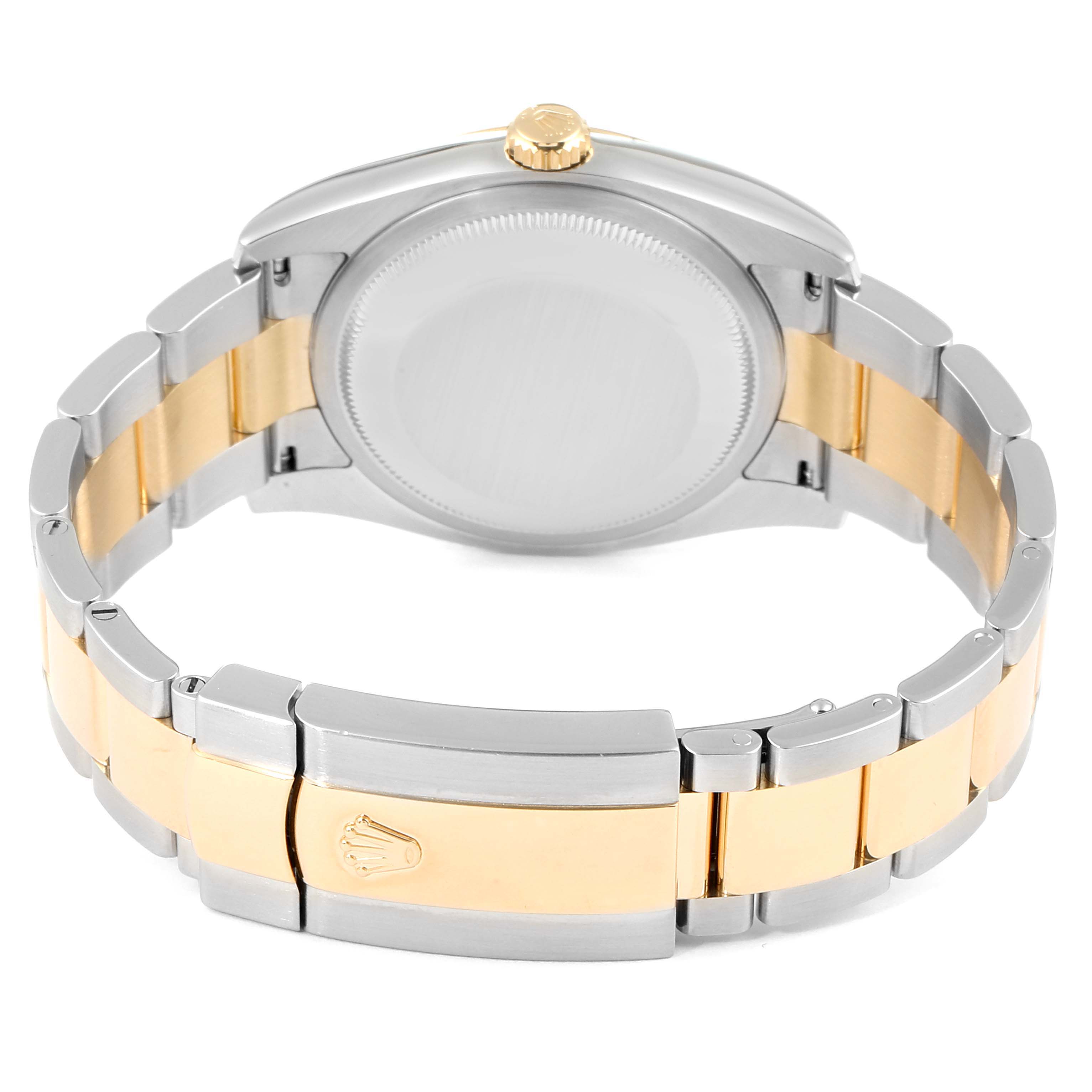 The image shows the back view of a Rolex Datejust 116203 Men's Stainless Steel Champagne Dial 116203 Men's Stainless Steel Champagne Dial watch, highlighting its two-tone bracelet and clasp.