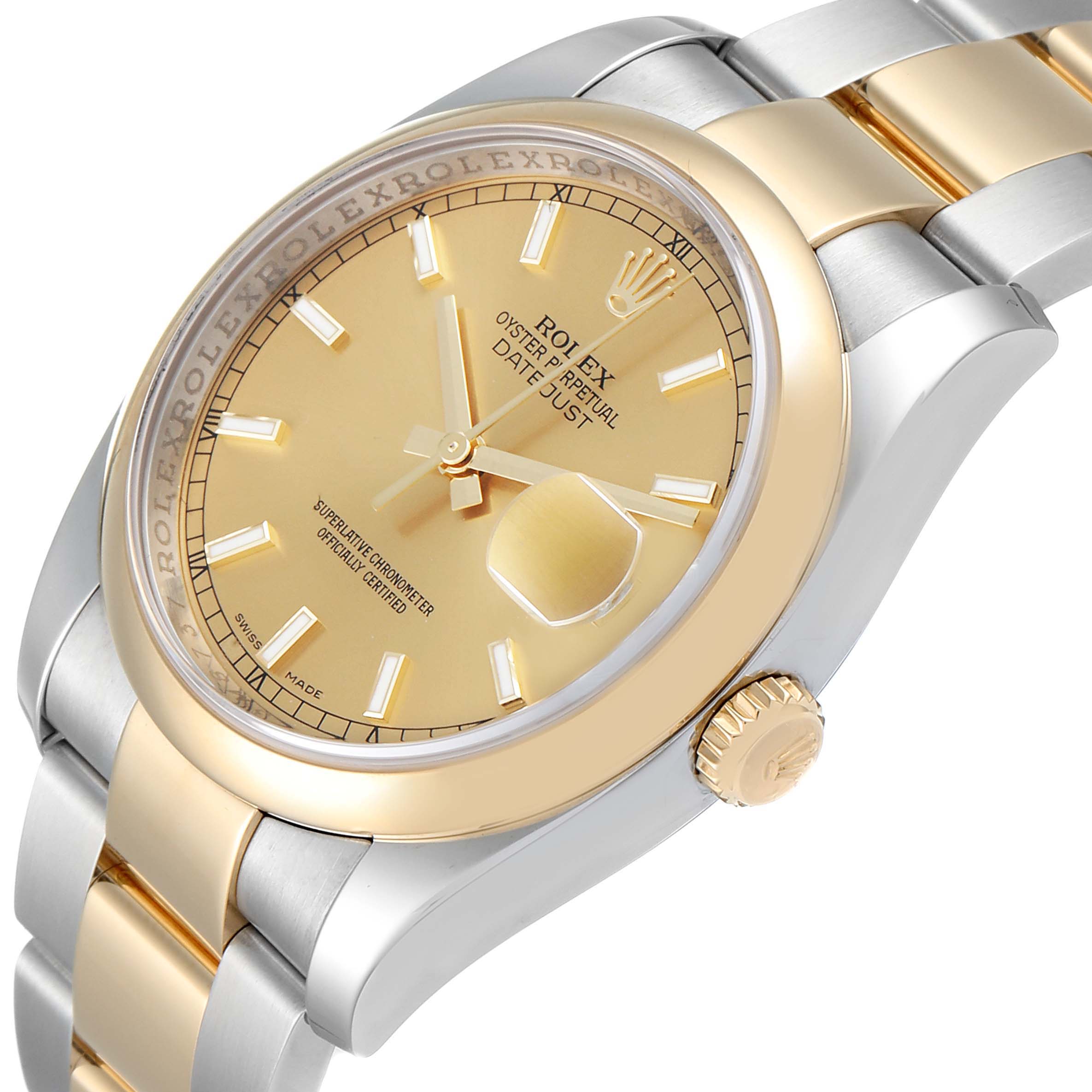 The Rolex Datejust 116203 Men's Stainless Steel Champagne Dial 116203 Men's Stainless Steel Champagne Dial watch is shown at an angled close-up, highlighting its dial, crown, and part of the bracelet.