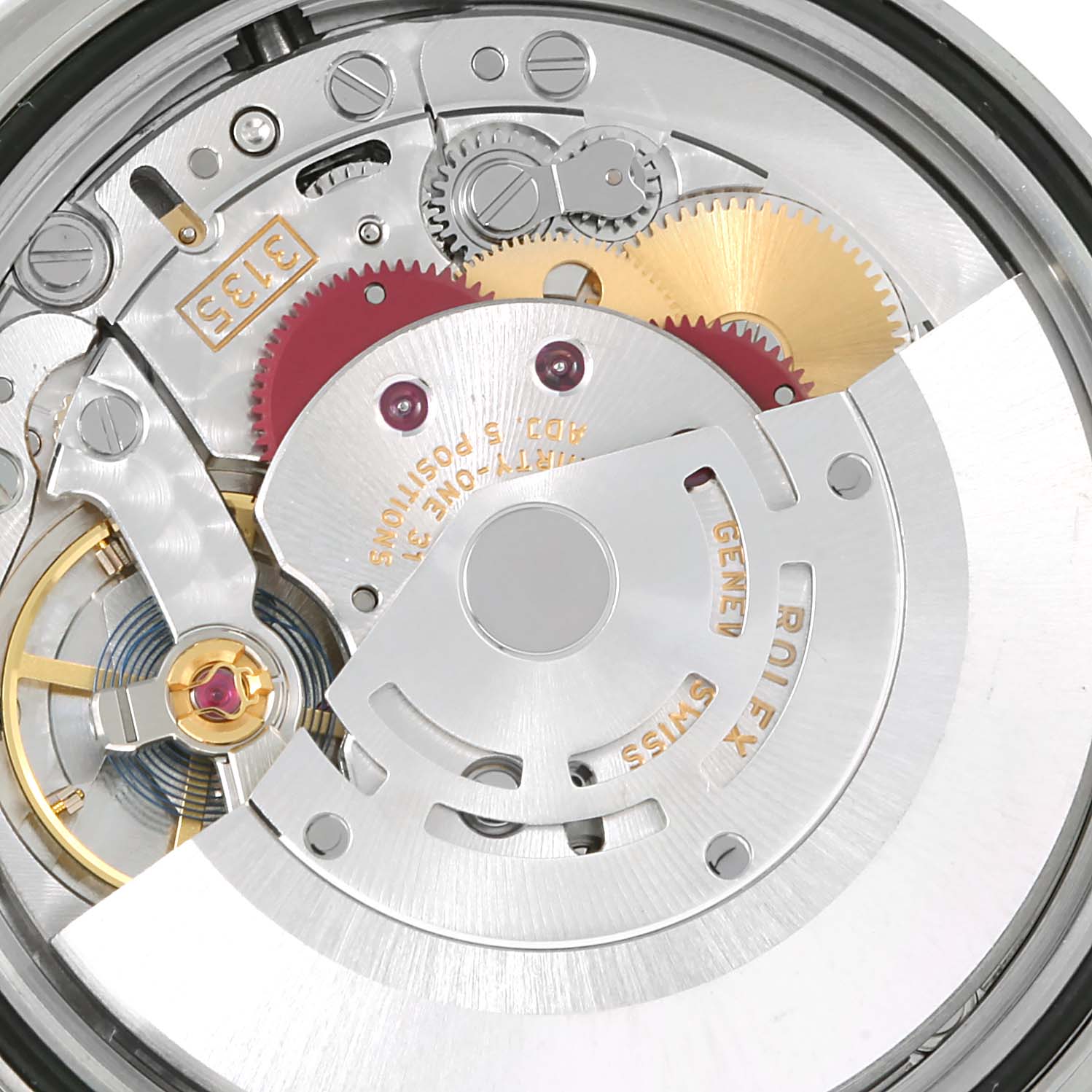 This image shows a close-up of the movement components inside a Rolex Datejust 116203 Men's Stainless Steel Champagne Dial 116203 Men's Stainless Steel Champagne Dial watch.
