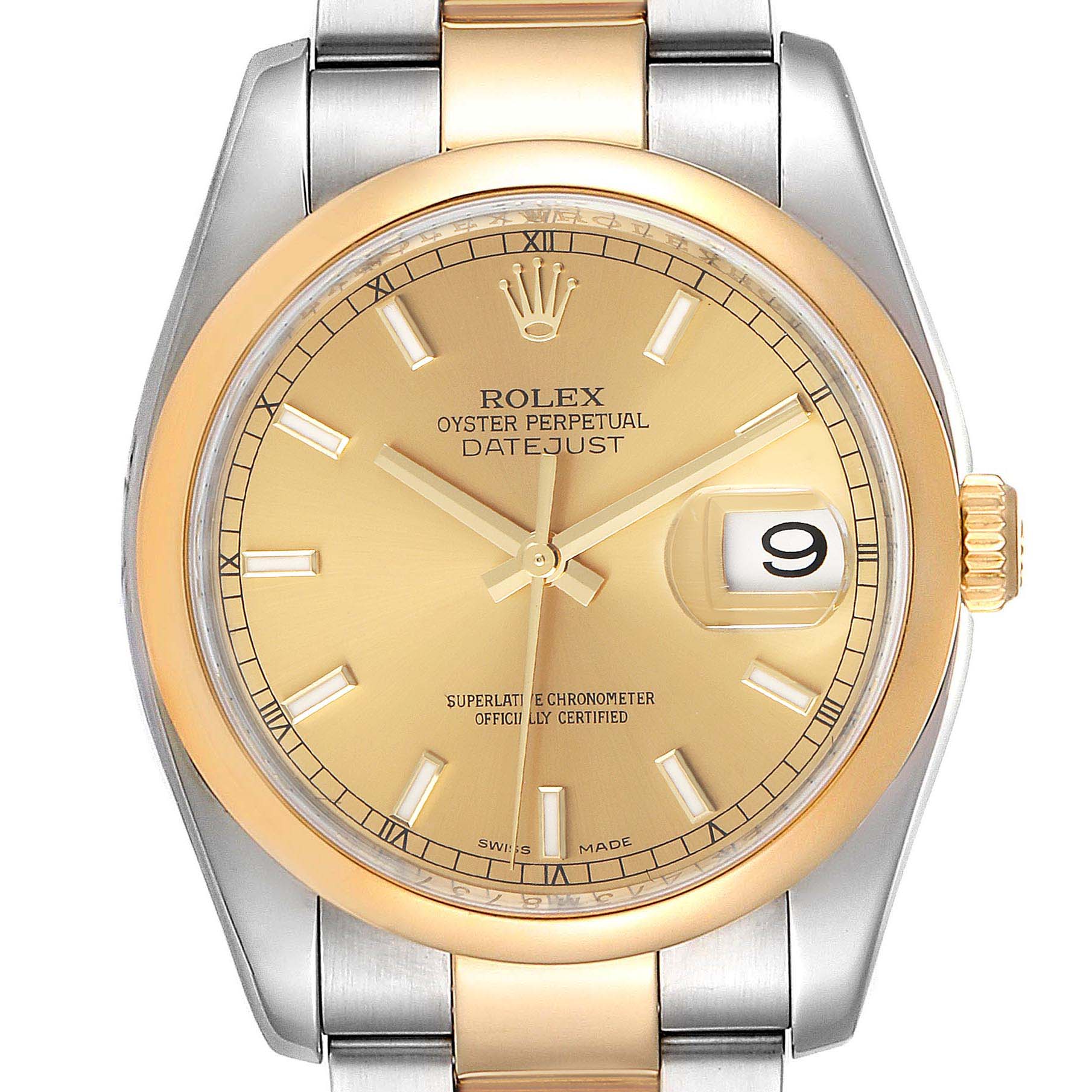 The image shows a front view of a Rolex Datejust 116203 Men's Stainless Steel Champagne Dial 116203 Men's Stainless Steel Champagne Dial watch with a gold dial and a mix of gold and silver on the bracelet.
