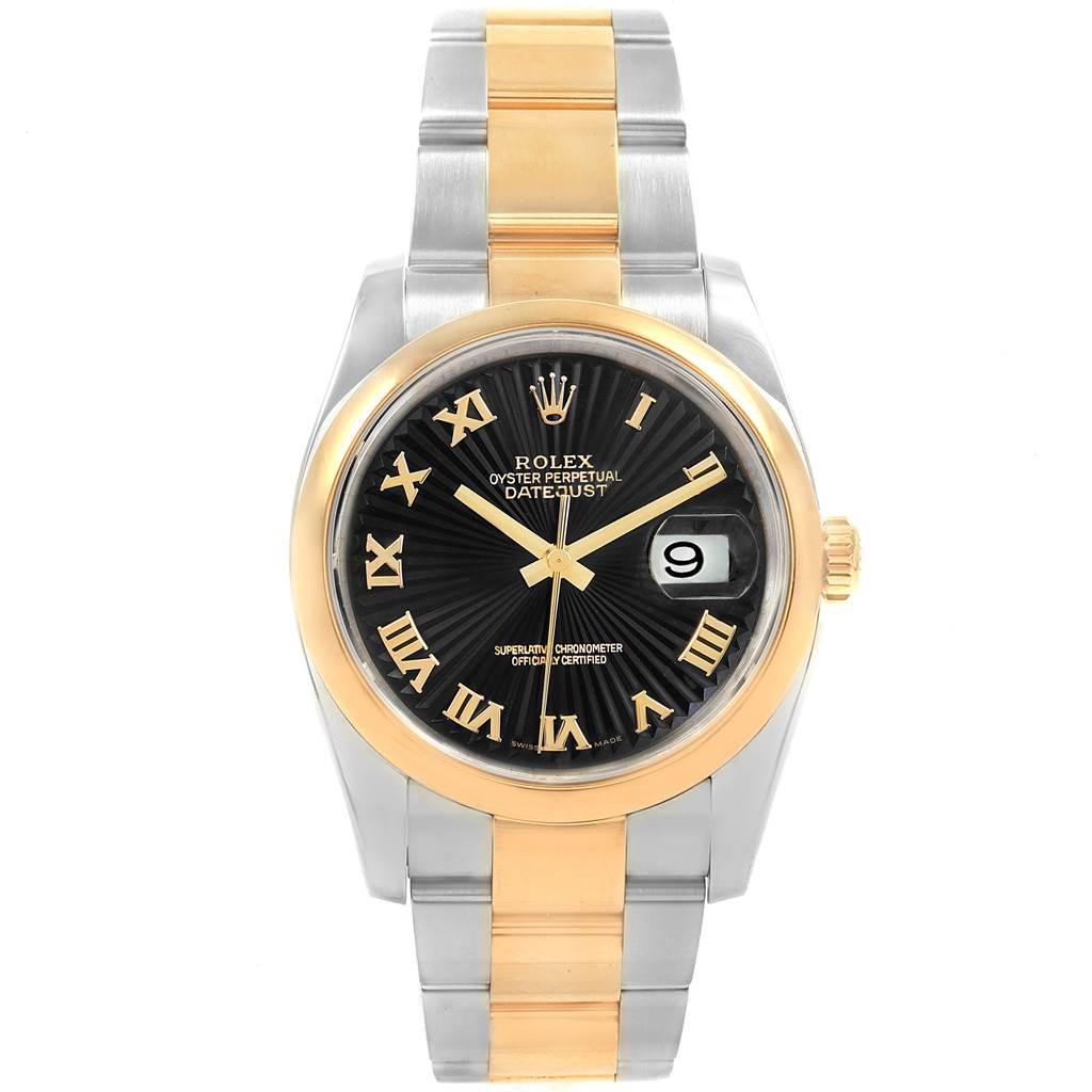 The image shows a front view of a Rolex Datejust 116203 Men
s Stainless Steel Black Dial 116203 Men
s Stainless Steel Black Dial watch with a two-tone band and a black dial with gold Roman numerals.