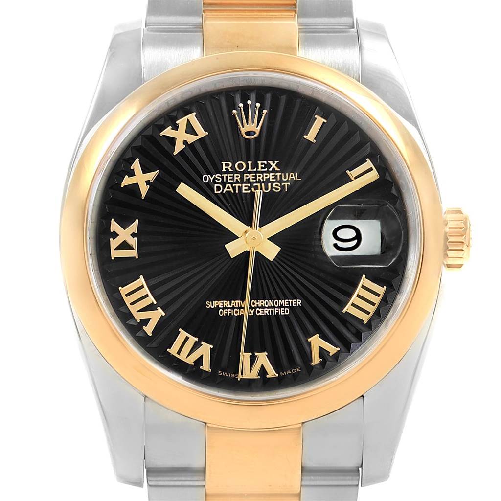 The image shows a front view of the Rolex Datejust 116203 Men
s Stainless Steel Black Dial 116203 Men
s Stainless Steel Black Dial watch, highlighting the black dial, gold Roman numerals, and date window.