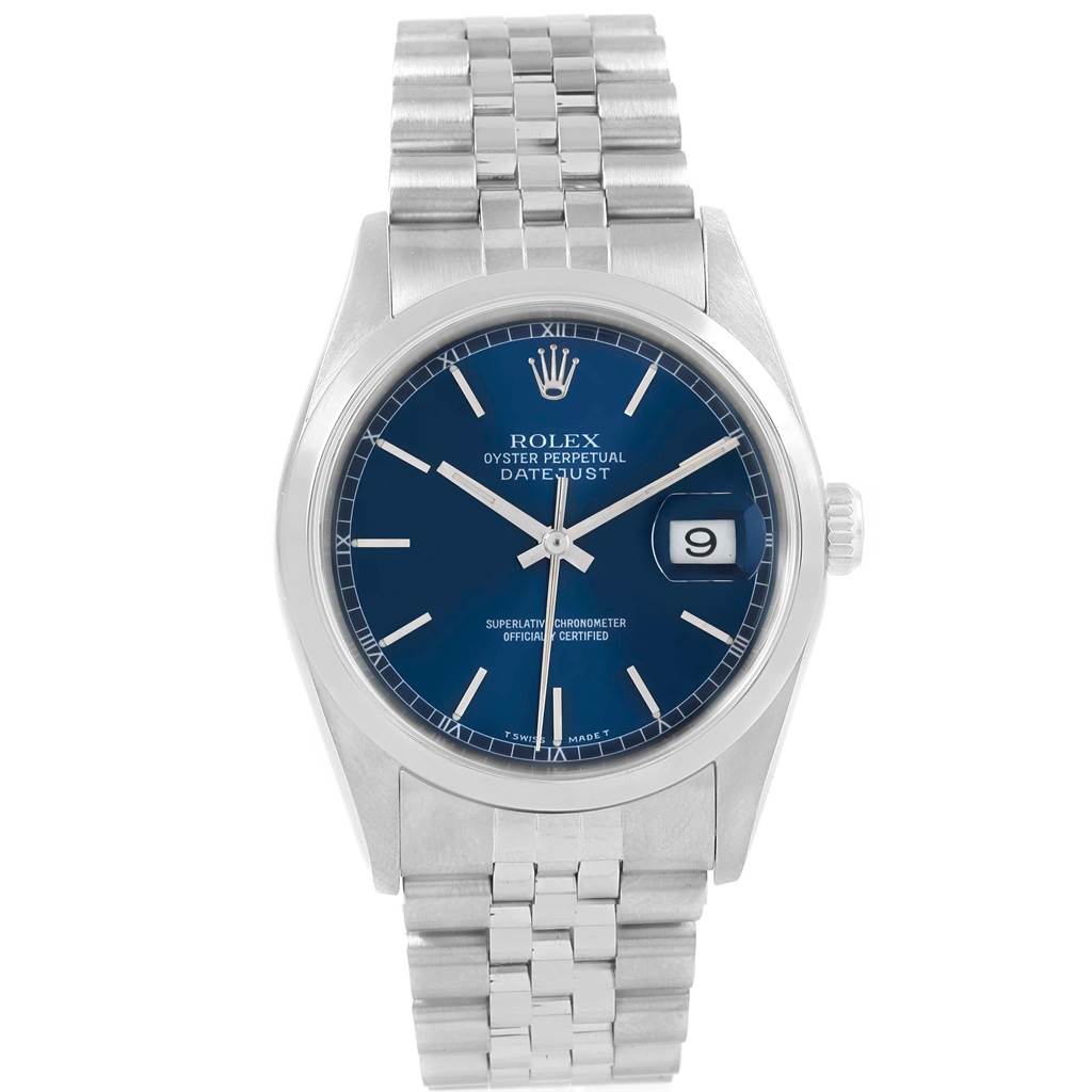 The image shows a Rolex Datejust 16200 Men's Stainless Steel Blue Dial 16200 Men's Stainless Steel Blue Dial watch from a front angle, highlighting its blue dial, date window, and jubilee bracelet.