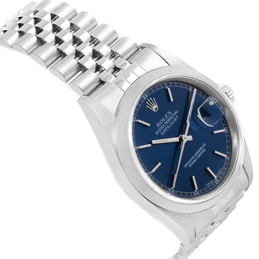 The image shows a Rolex Datejust 16200 Men's Stainless Steel Blue Dial 16200 Men's Stainless Steel Blue Dial watch at an angled side view, displaying the bracelet, case, dial, and crown.