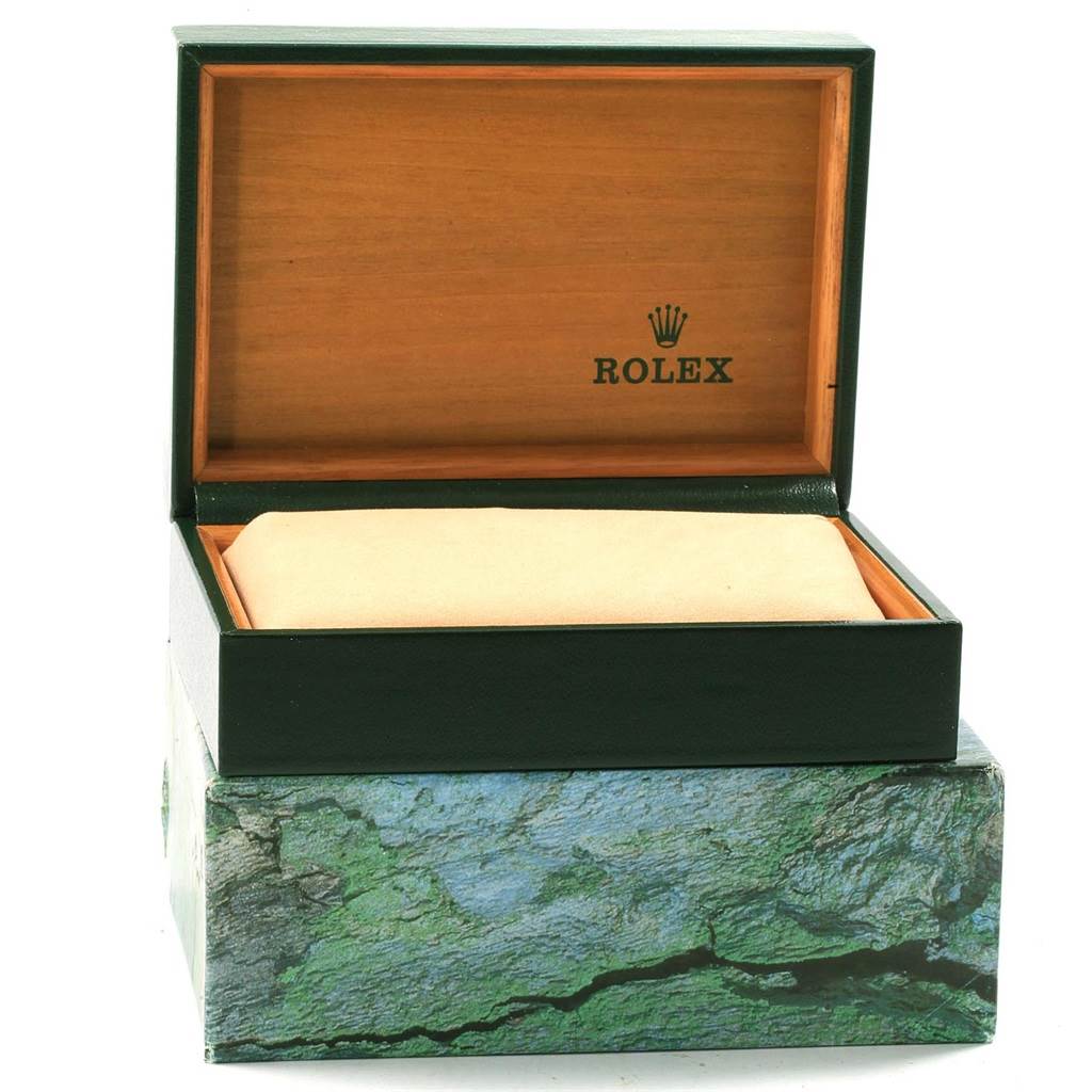 This image shows the open box for a Rolex Datejust 16200 Men's Stainless Steel Blue Dial 16200 Men's Stainless Steel Blue Dial watch, featuring the brand's logo inside the lid.