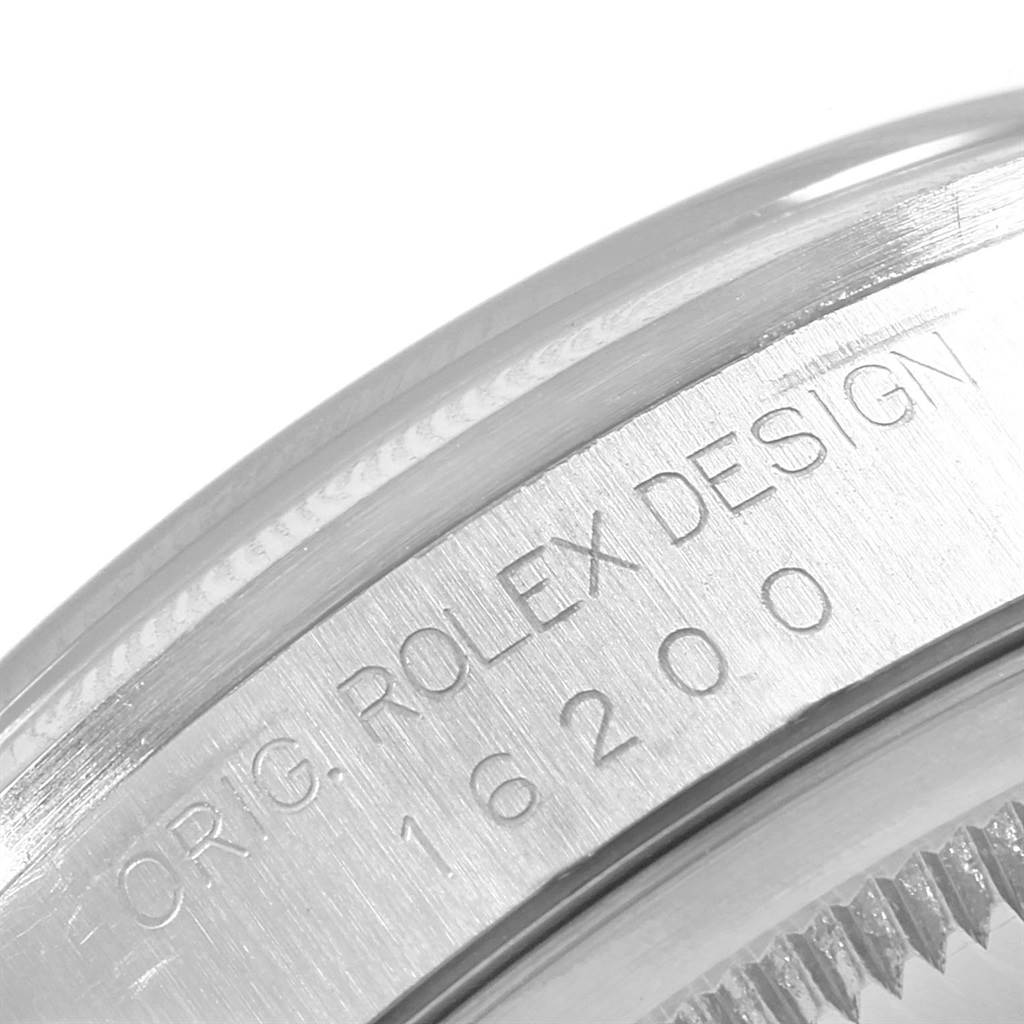 The image shows a close-up of the case side for a Rolex Datejust 16200 Men's Stainless Steel Blue Dial 16200 Men's Stainless Steel Blue Dial model, highlighting the engraved model number "16200."