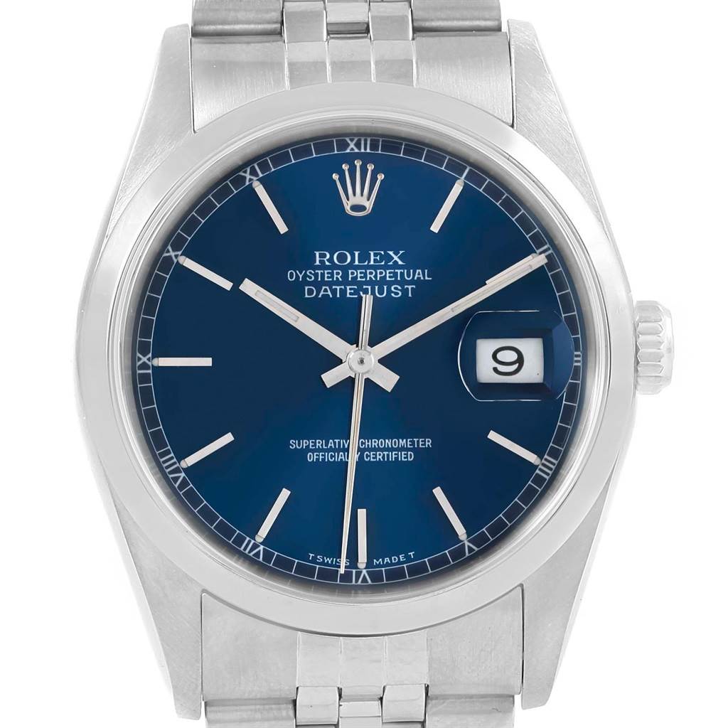 The image shows a front view of a Rolex Datejust 16200 Men's Stainless Steel Blue Dial 16200 Men's Stainless Steel Blue Dial watch, displaying the dial, hands, bezel, and part of the bracelet.