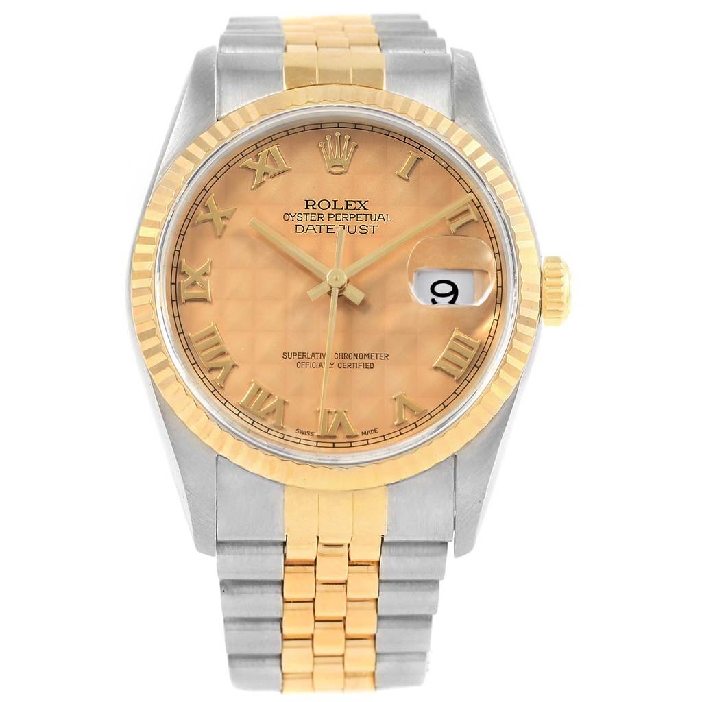 The Rolex Datejust 16233 Men's Steel and Gold (two tone) Beige Dial 16233 Men's Steel and Gold (two tone) Beige Dial watch is shown from a front angle, displaying the dial, bezel, crown, and bracelet.