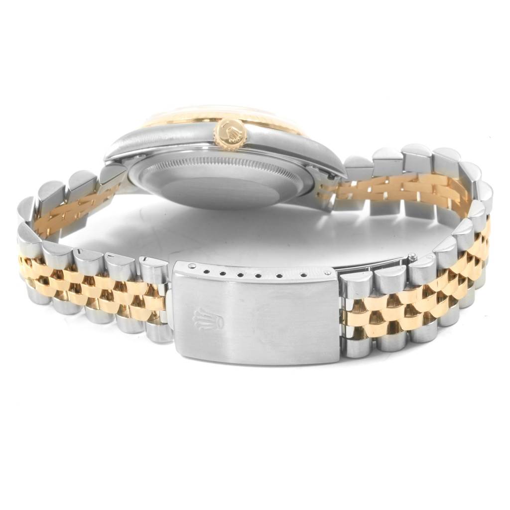 The image shows the back angle of a Rolex Datejust 16233 Men's Steel and Gold (two tone) Beige Dial 16233 Men's Steel and Gold (two tone) Beige Dial watch, highlighting the clasp, case back, and jubilee bracelet.