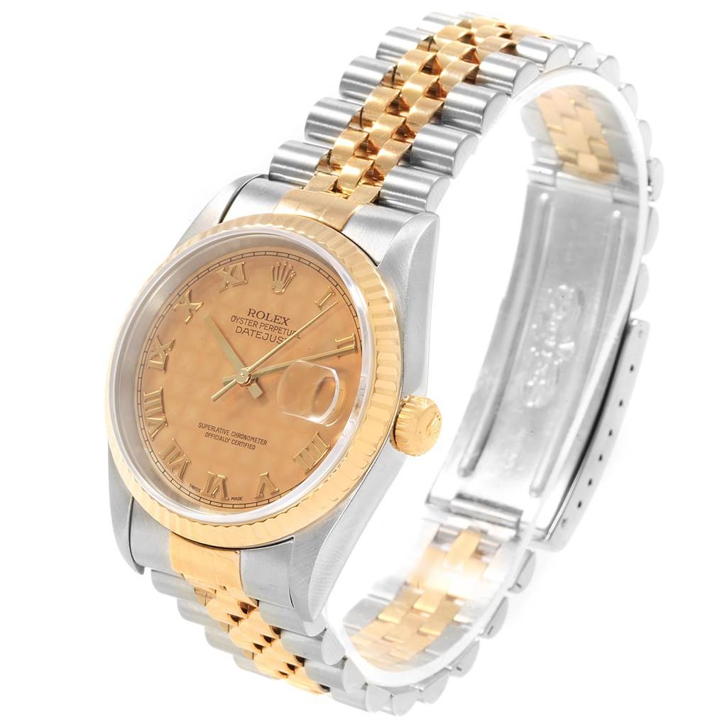 The image shows a Rolex Datejust 16233 Men's Steel and Gold (two tone) Beige Dial 16233 Men's Steel and Gold (two tone) Beige Dial watch at a slight angle, highlighting the face, bezel, and two-tone metal bracelet.